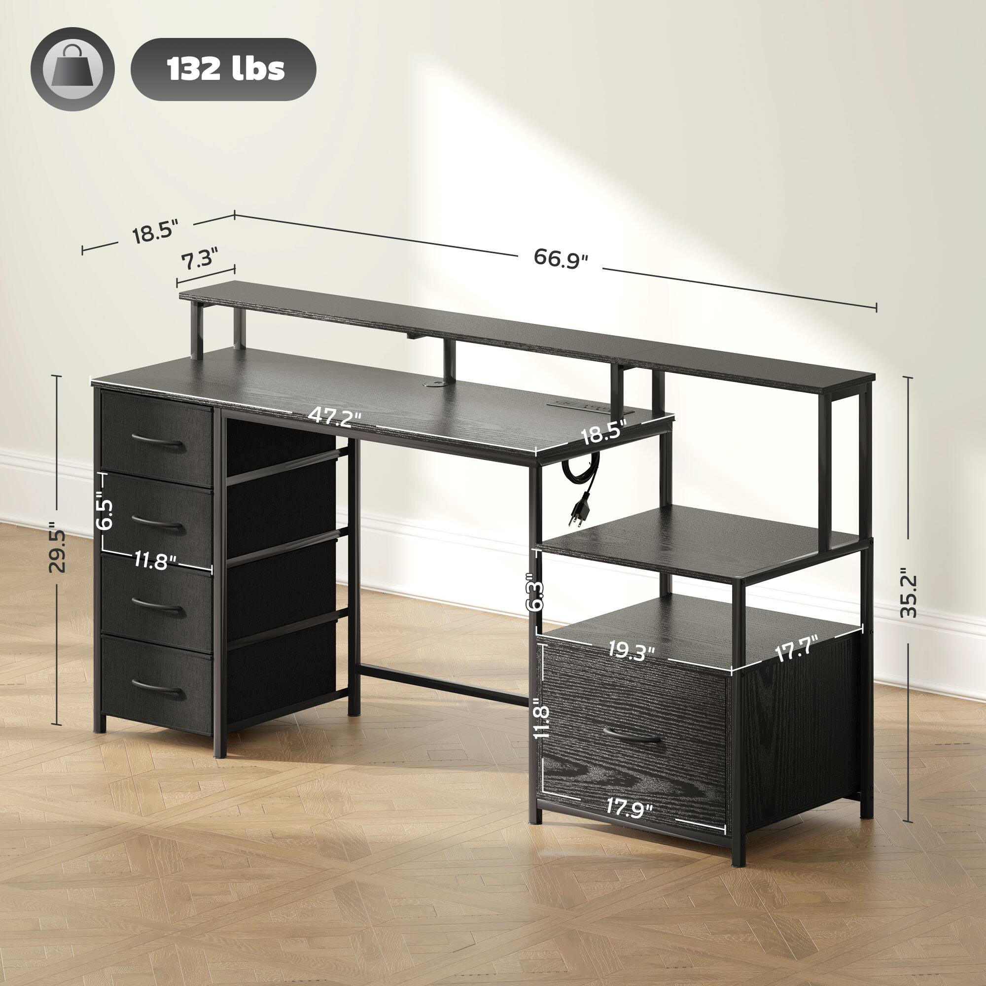 132 lbs, 18.5", 7.3", 66.9", 29.5", 11.8", 47.2", 6.5", 6.3", 19.3", 17.7", 35.2", 17.9"