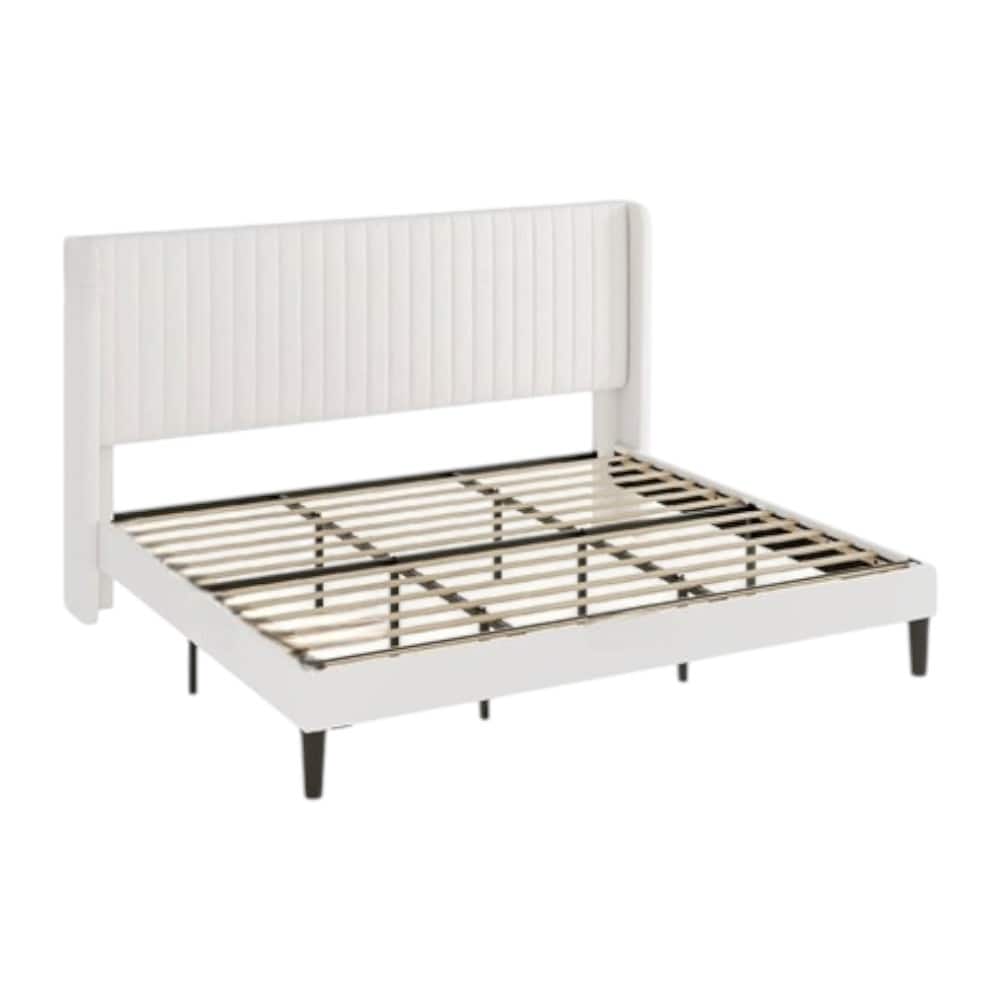 Hivvago - King size Velvet Upholstered Platform Bed Frame with Wingback Headboard - White