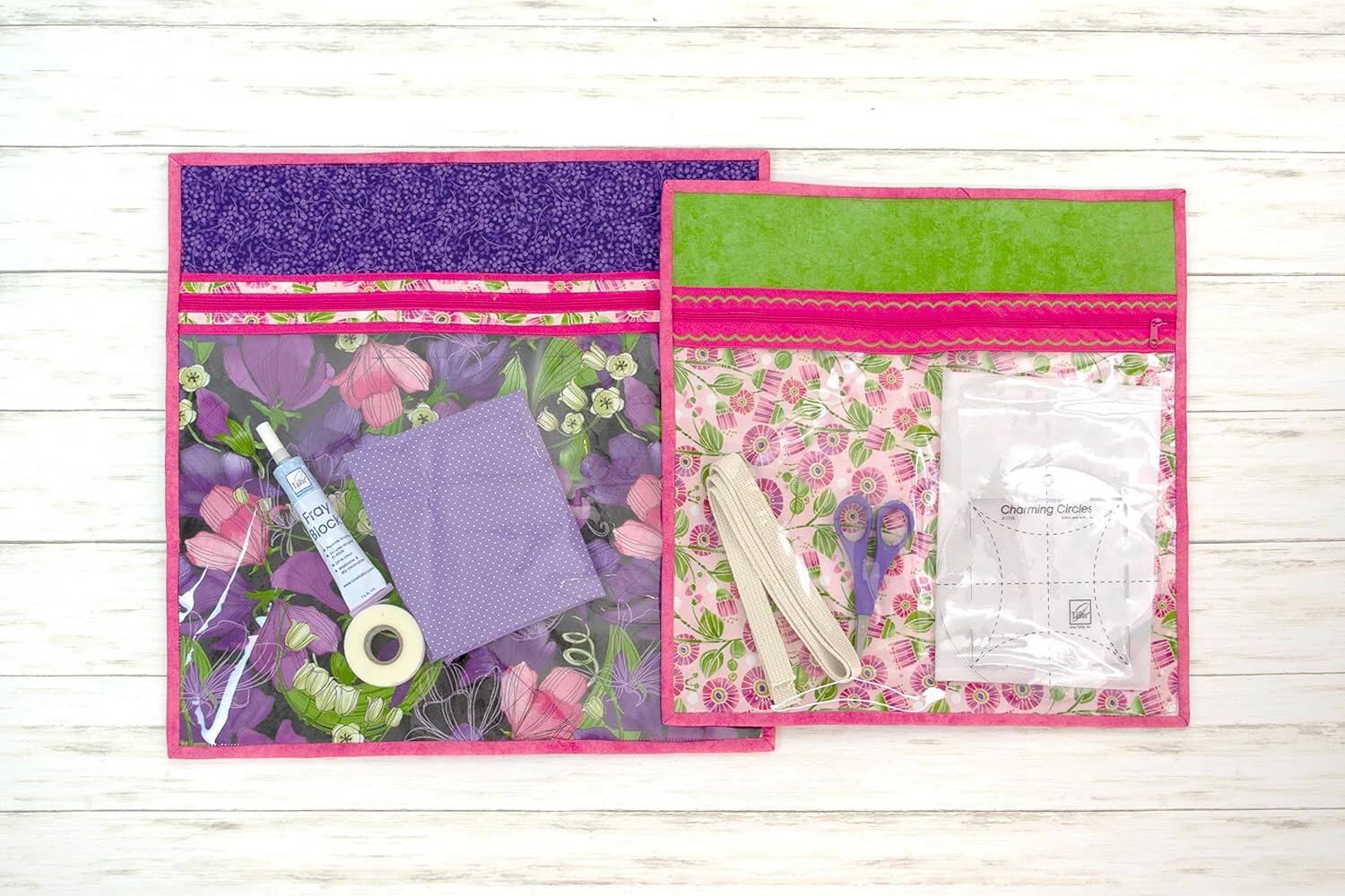 Angle. AccuQuilt - June Tailor Project Bag (2) -Zippity-Do-Done Sewing Kit, Pink Zipper, Large - Pink.