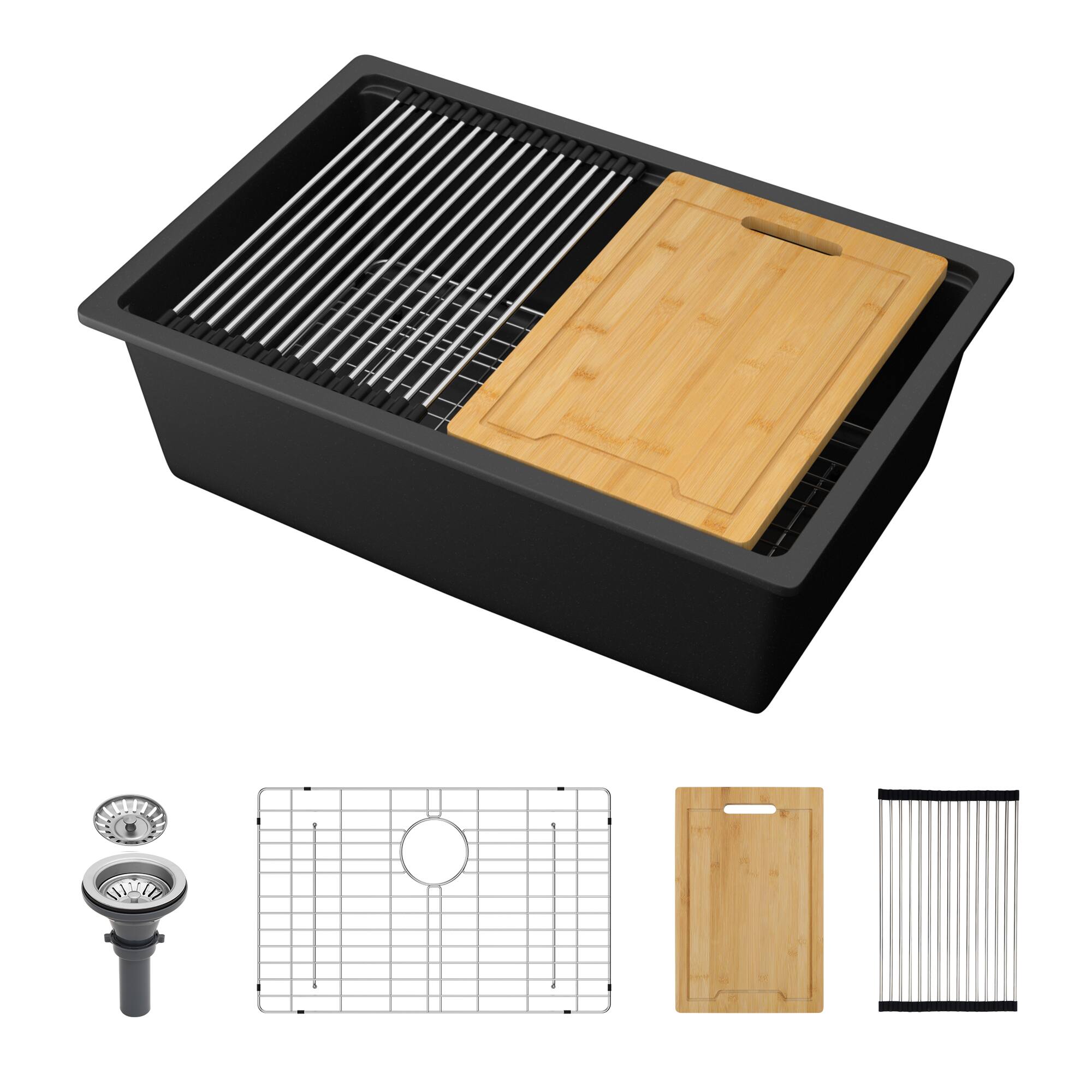 Siljoy - Quartz Kitchen Sink - 28" x 19" x 9.65" granite composite Workstation undermount kitchen sink - Black