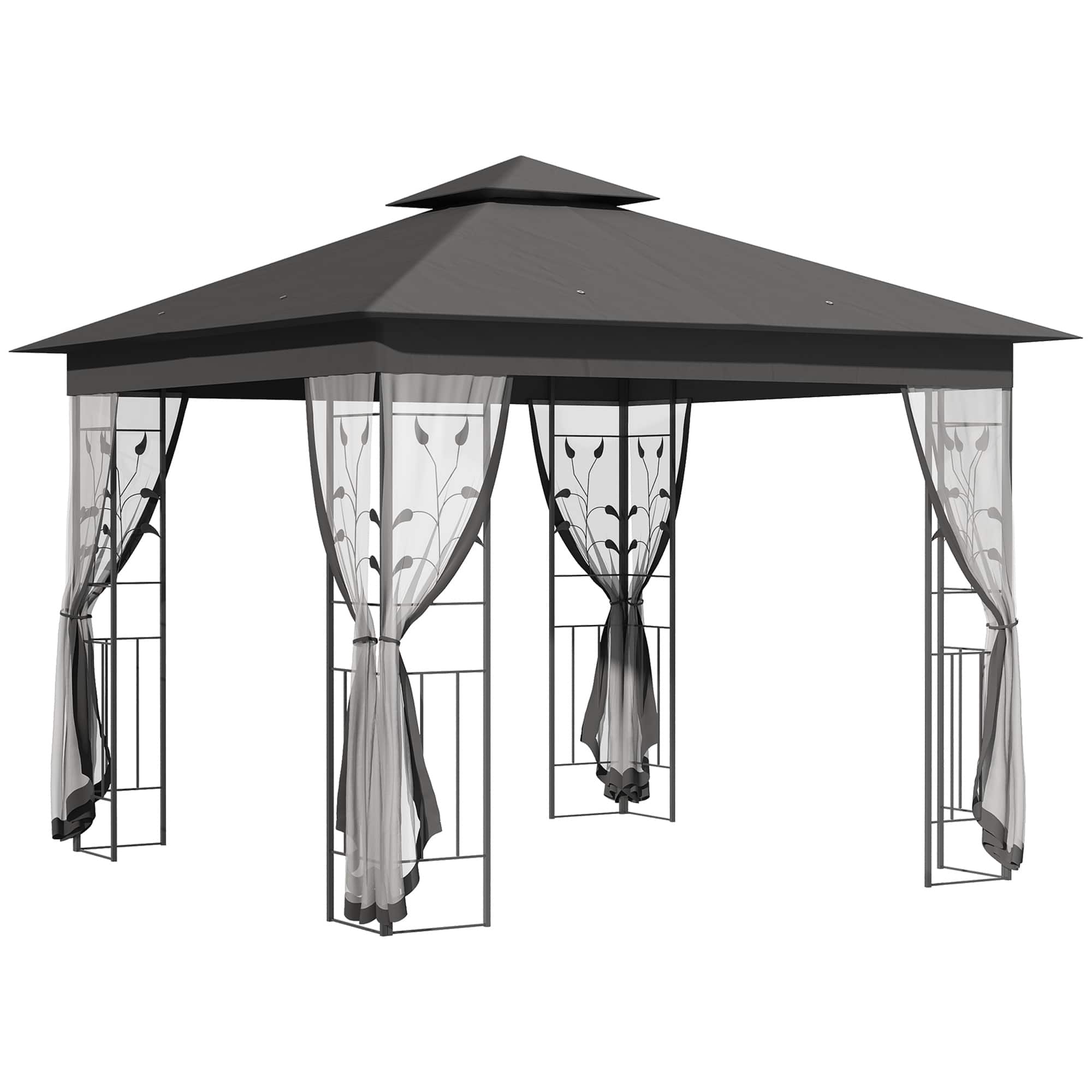 Front. Outsunny -  10' x 10' Metal Patio Gazebo, Double Roof Outdoor Gazebo Canopy Shelter with Tree Motifs Corner Frame - Grey.