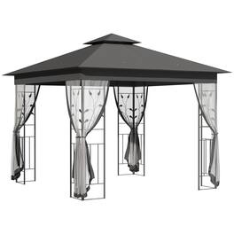 Outsunny - 10' x 10' Metal Patio Gazebo, Double Roof Outdoor Gazebo Canopy Shelter with Tree Motifs Corner Frame - Gray