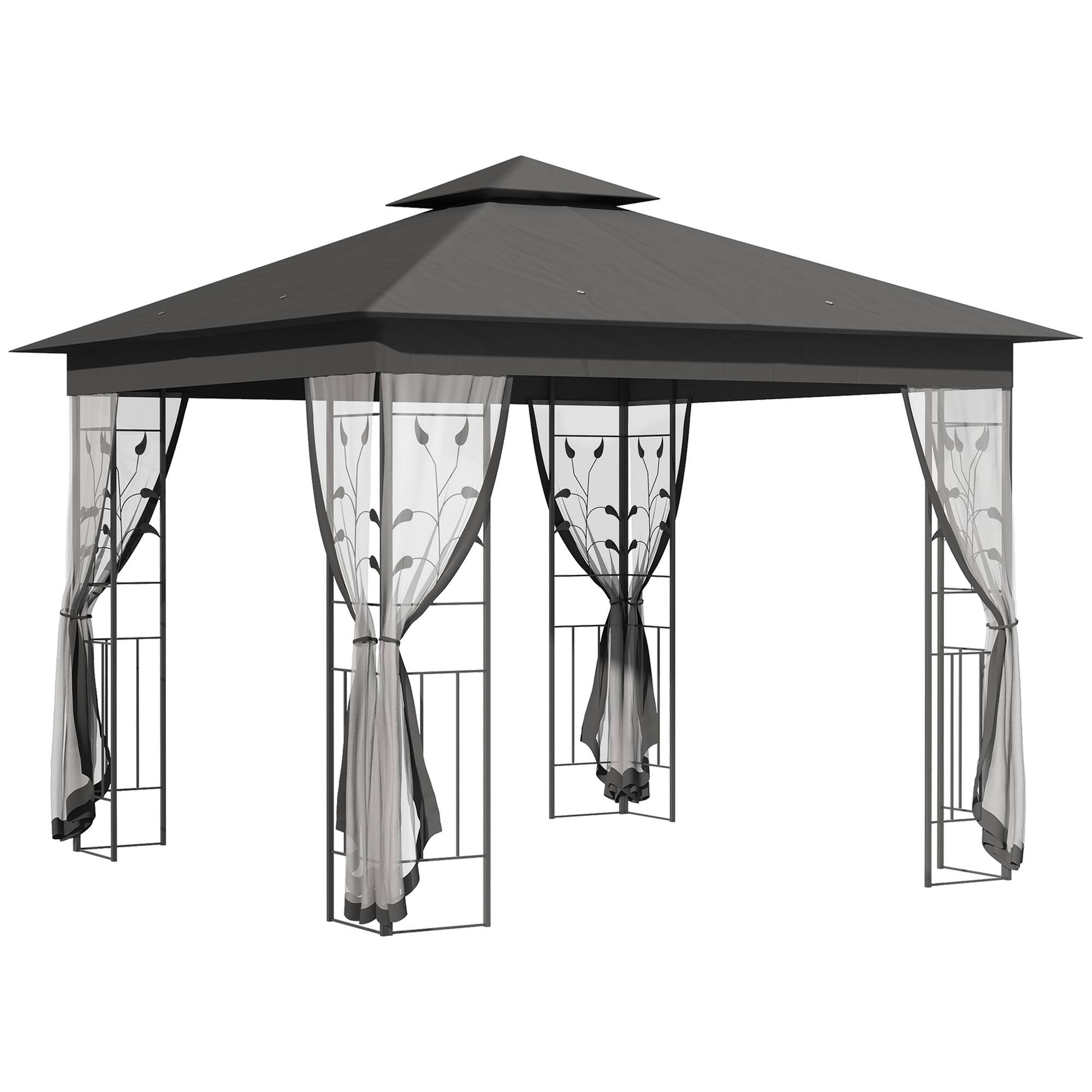 Outsunny -  10' x 10' Metal Patio Gazebo, Double Roof Outdoor Gazebo Canopy Shelter with Tree Motifs Corner Frame - Gray