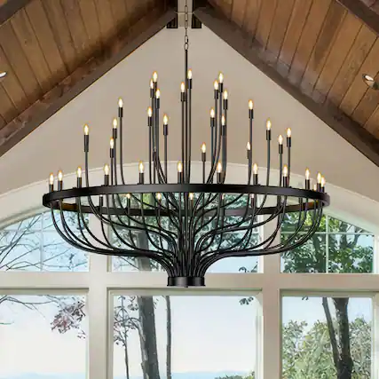Front. RYHNUYNE - Extra Large 48-Light Farmhouse Wagon Wheel Chandelier - Adjustable Black Pendant Light for High Ceilings - Black.