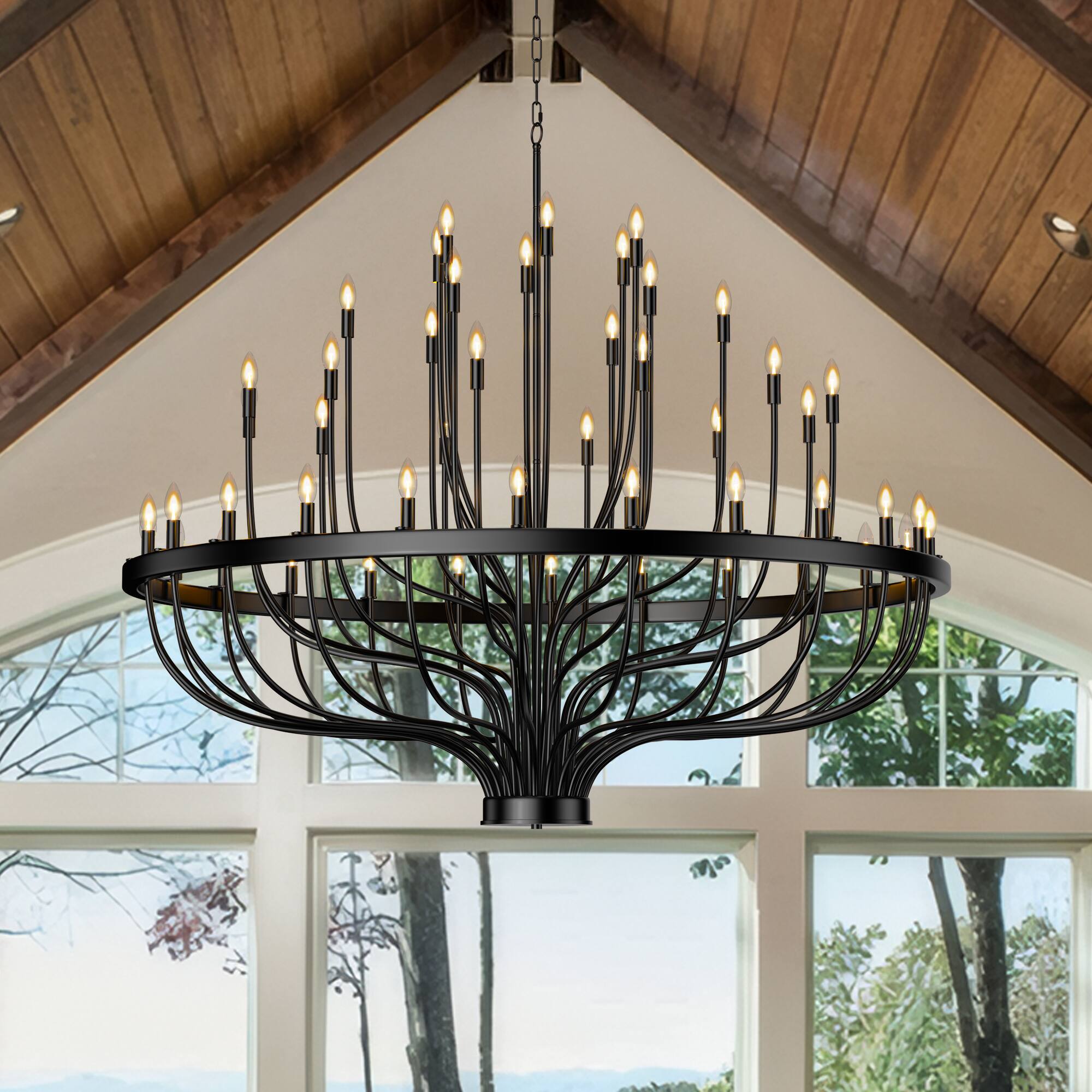 Front. RYHNUYNE - Extra Large 48-Light Farmhouse Wagon Wheel Chandelier - Adjustable Black Pendant Light for High Ceilings - Black.