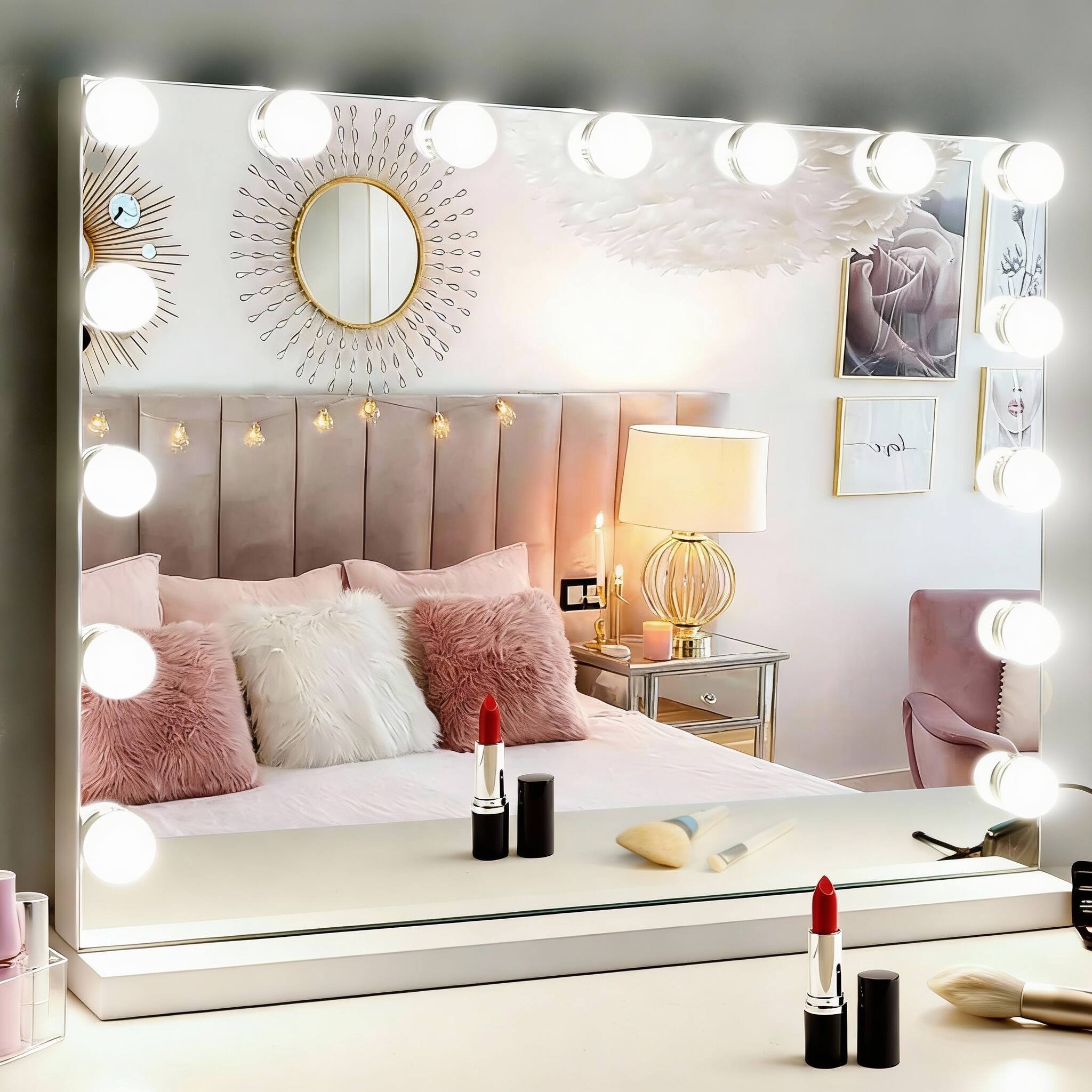 Front. PO3TICJUNKI3 - Hollywood Vanity Mirror with 15 Dimmable LED Bulbs, 3 Lighting Modes, 10X Magnifier, USB Port - 23"x19".