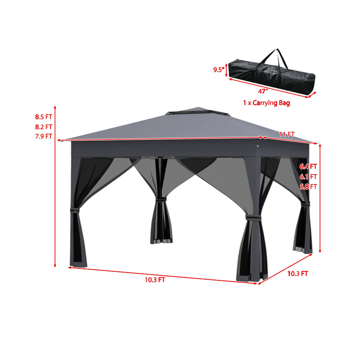 9.5" 47" 1 x Carrying Bag  
8.5 FT  
8.2 FT  
7.9 FT  
11 FT  
6.4 FT  
6.1 FT  
5.8 FT  
10.3 FT  
10.3 FT