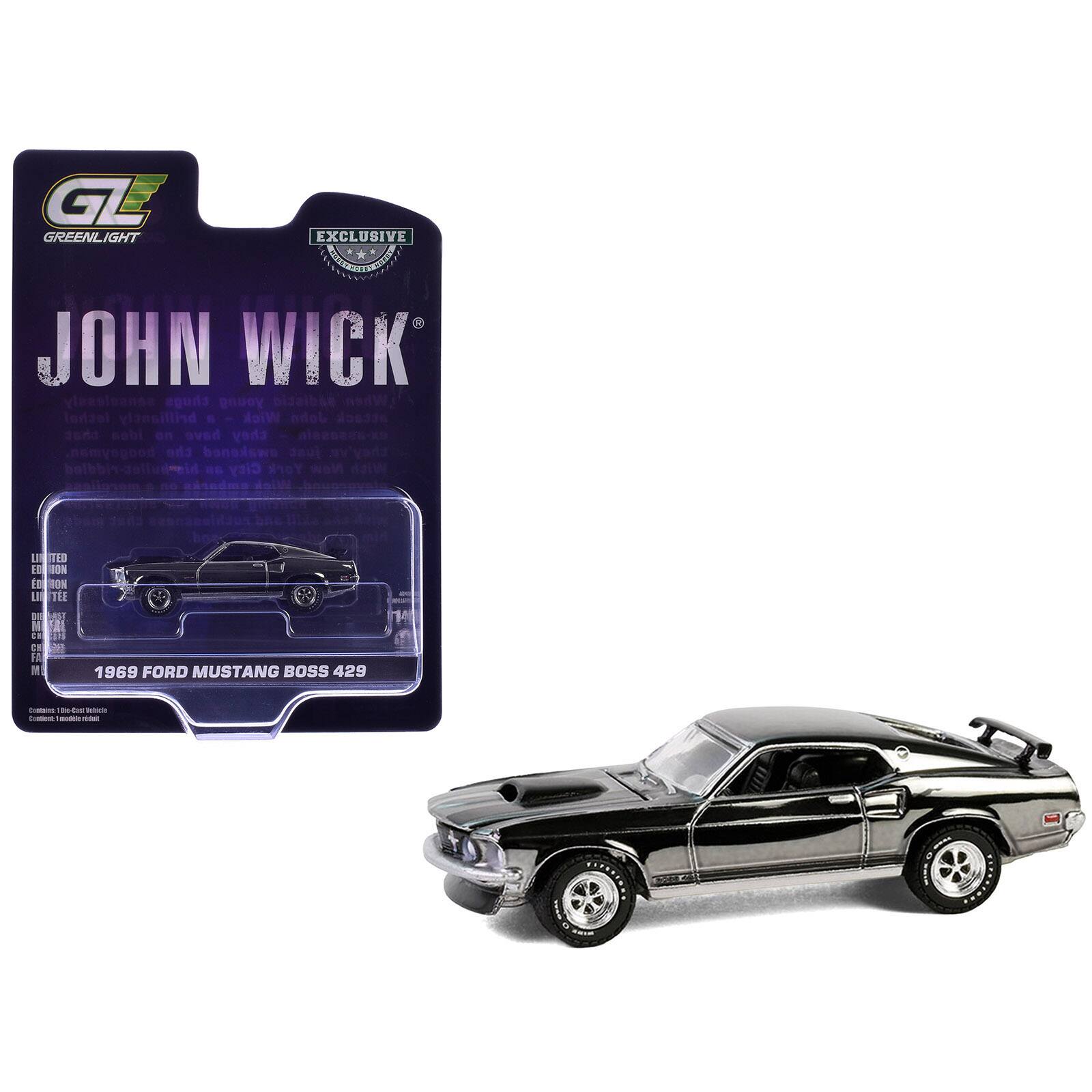 1969 Ford Mustang Boss 429 Silver Chrome Edition with Black "John Wick" (2014) Movie 1/64 Model Car by Greenlight