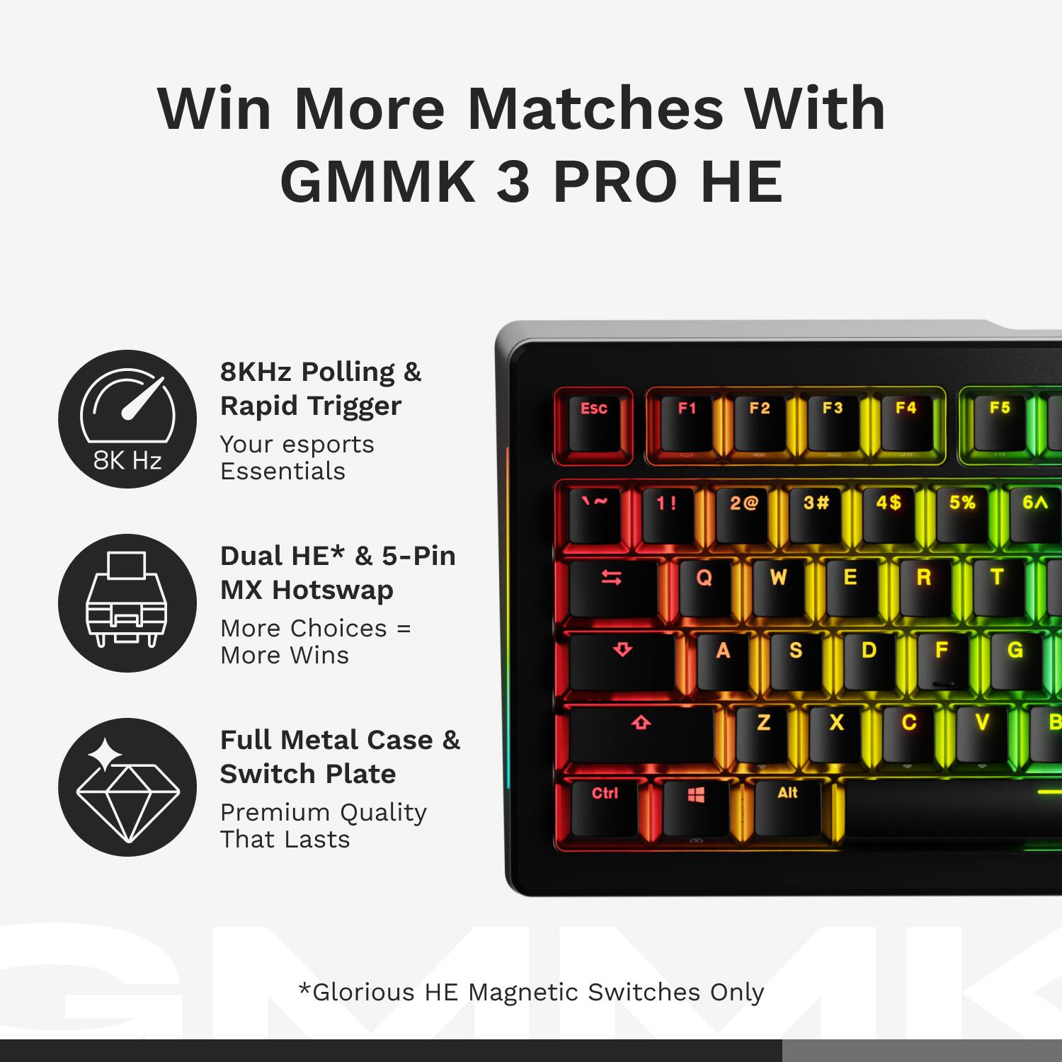 Win More Matches With GMMK 3 PRO HE

8KHz Polling & Rapid Trigger  
Your esports Essentials

Dual HE* & 5-Pin MX Hotswap  
More Choices = More Wins

Full Metal Case & Switch Plate  
Premium Quality That Lasts

*Glorious HE Magnetic Switches Only