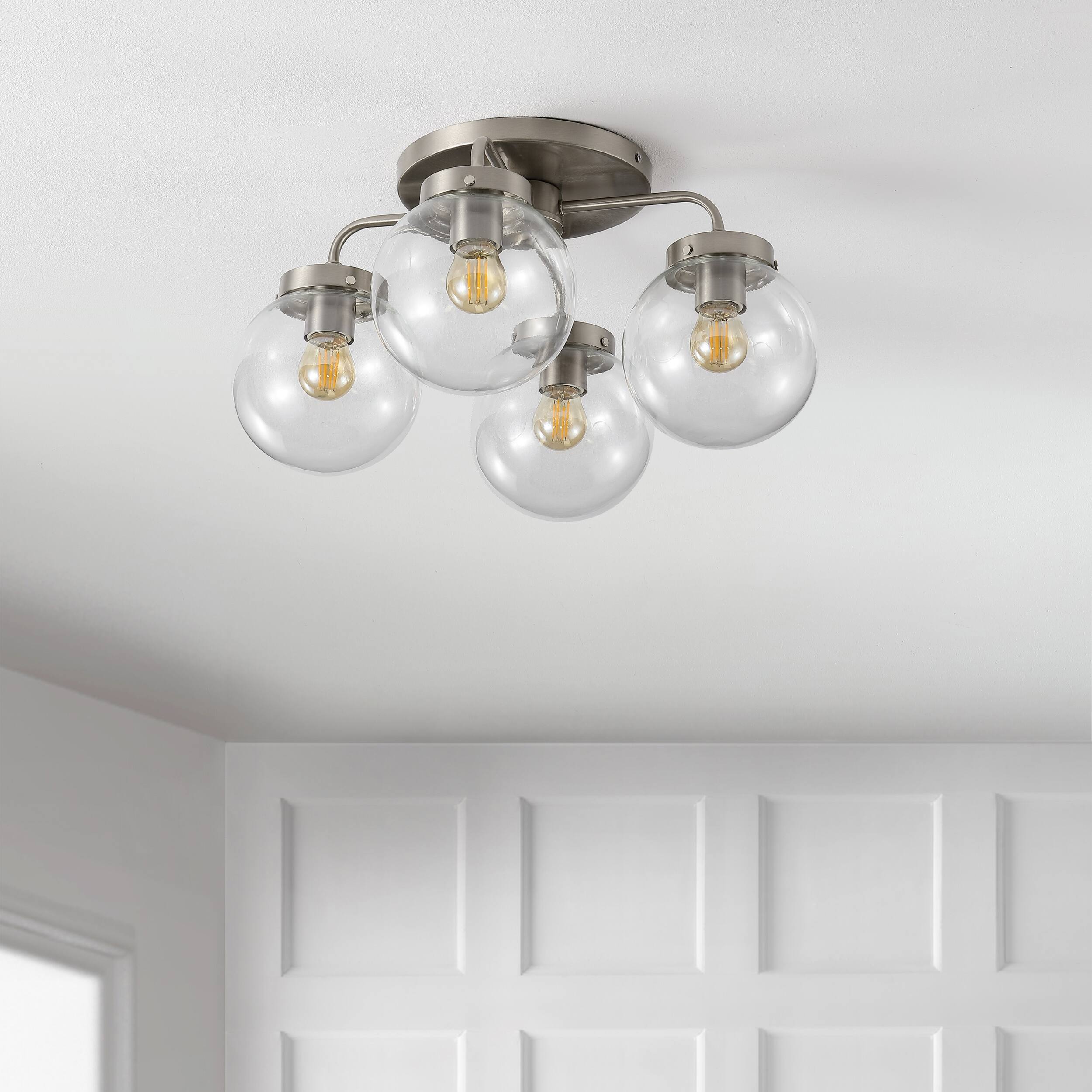 Alt View 5. Jonathan Y - Piper 18" 4-Light Farmhouse Rustic Iron/Glass LED Semi Flush Mount, Nickel/Clear - Nickel.