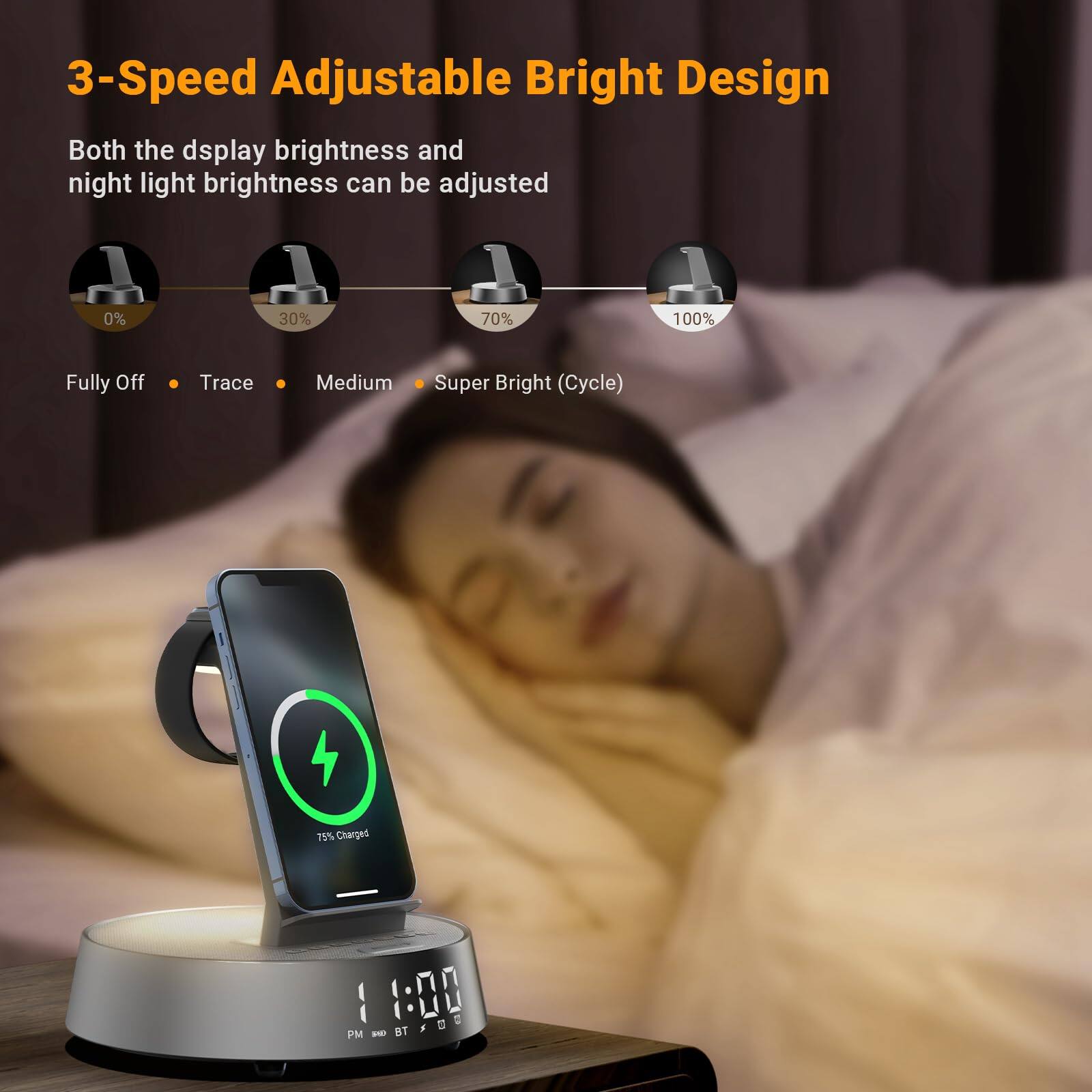 3-Speed Adjustable Bright Design

Both the display brightness and night light brightness can be adjusted (Cycle)

0% 30% 70% 100%

Fully Off Trace Medium Super Bright

75% Charged

1:00

PM BT