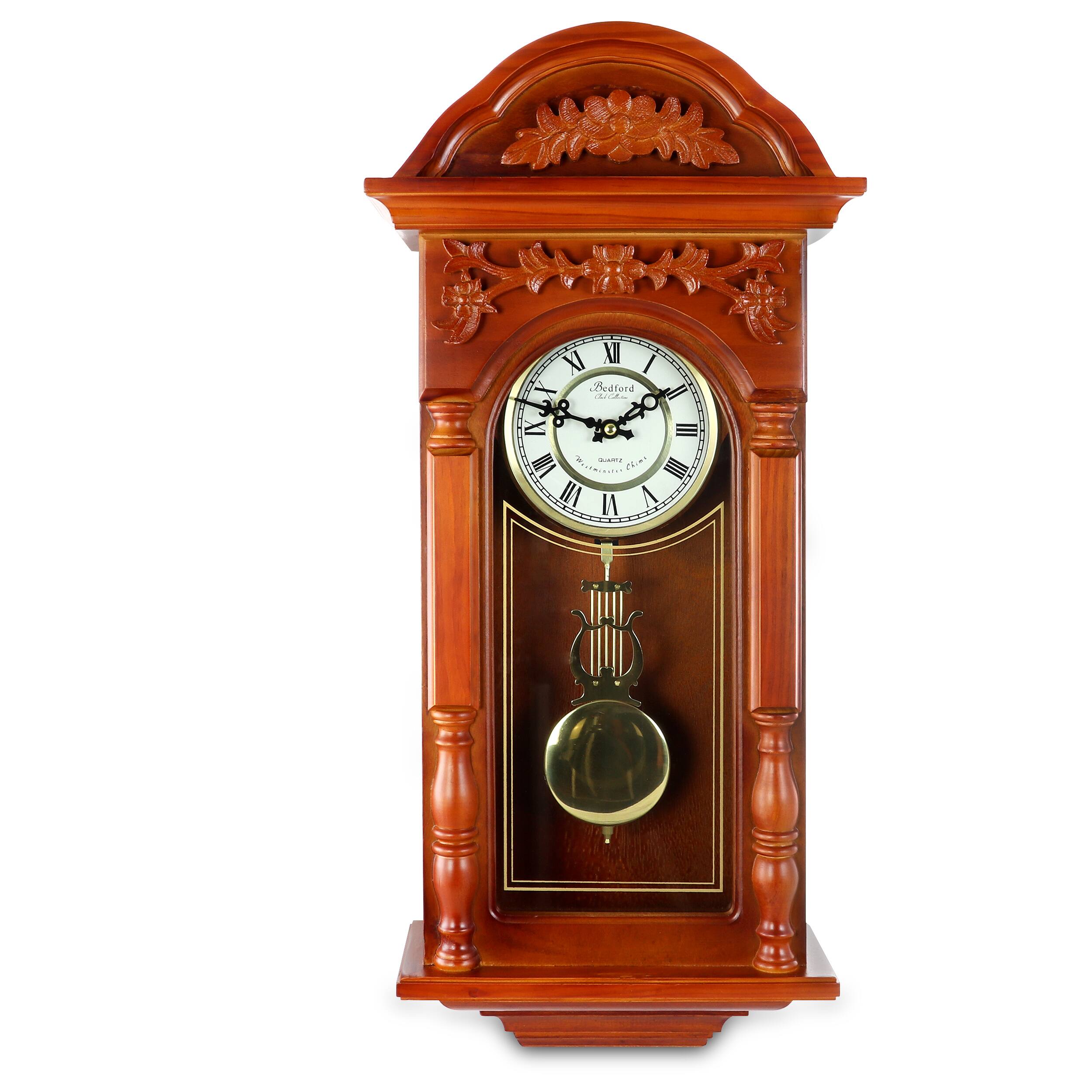 Bedford Clock Collection - 27.5 Inch Oak Finish Pendulum Wall Clock - Brown