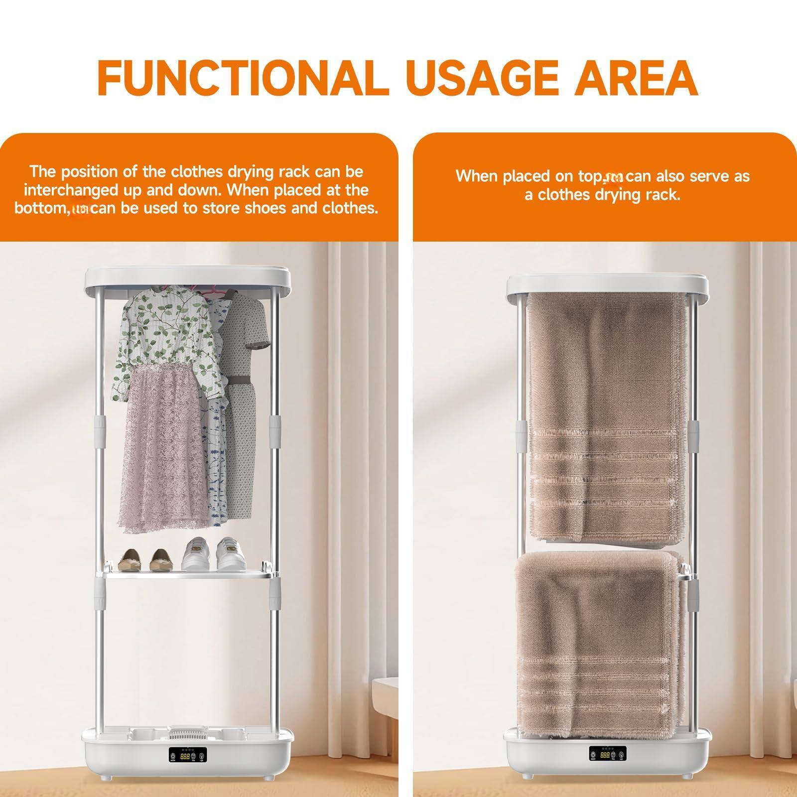 FUNCTIONAL USAGE AREA

The position of the clothes drying rack can be interchanged up and down. When placed at the bottom, it can be used to store shoes and clothes.

When placed on top, it can also serve as a clothes drying rack.