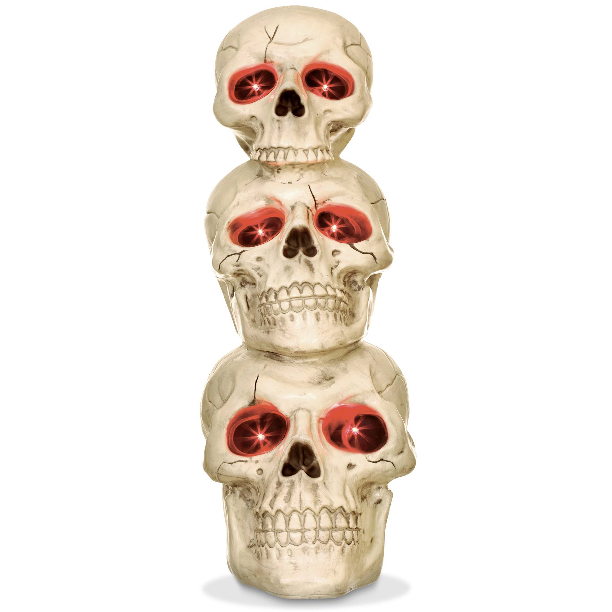 Front. BOO BOX - Stacked Skulls with LED Eyes and Sound - 27.5-in Scary Halloween Decor - White.