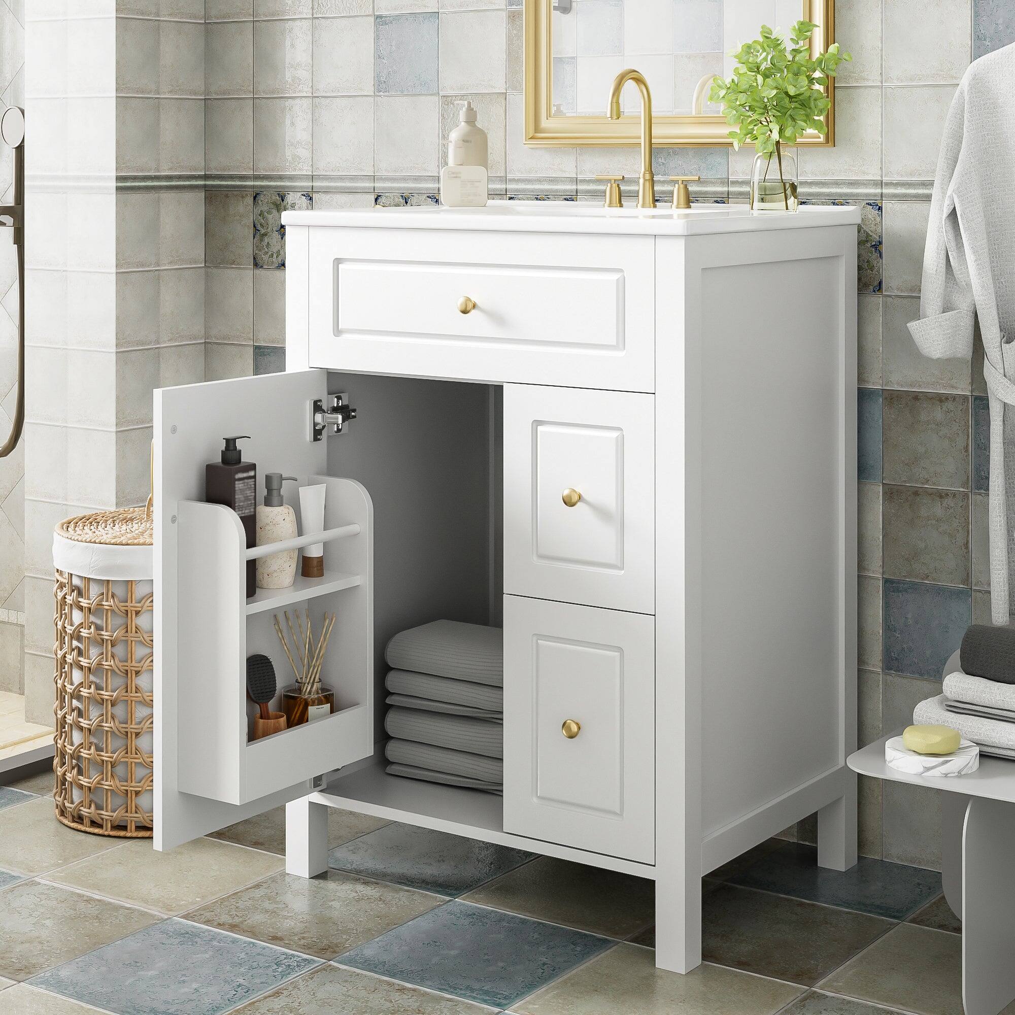 Alt View 4. Boyel Living - 24 Inch White Bathroom Vanity with Ceramic Sink Soft Close Door 2 Soft Close Drawers Double Door Racks - White.