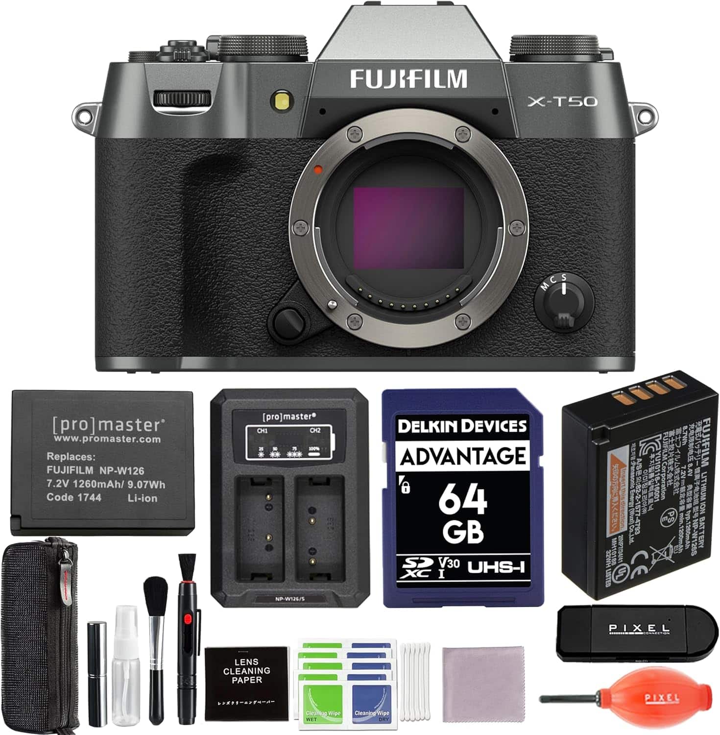 Fujifilm - X-T50 Mirrorless Camera (Charcoal) Bundle with Extra Battery, Charger and Advanced Accessories | Fuji xt50