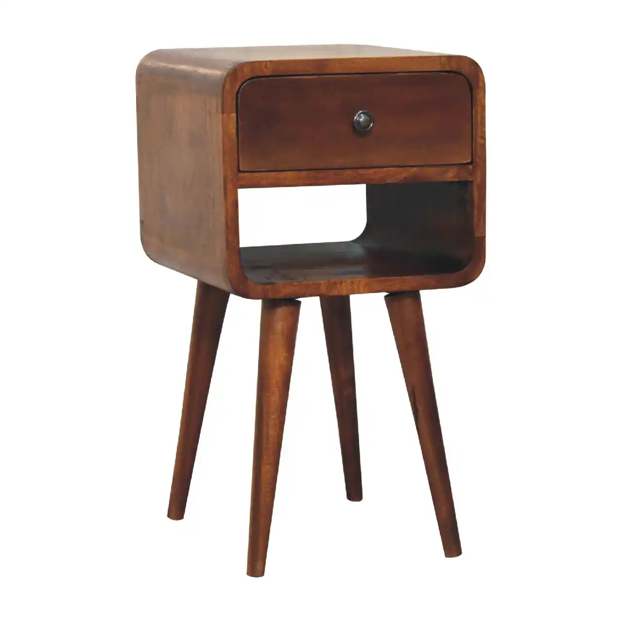 Left. Artisan Furniture - Artisan Furniture Solid Wood Mini Chestnut Curve Lower Nightstand, 1 Drawer, 1 Open-slot, Nordic legs, Brown - Chestnut.