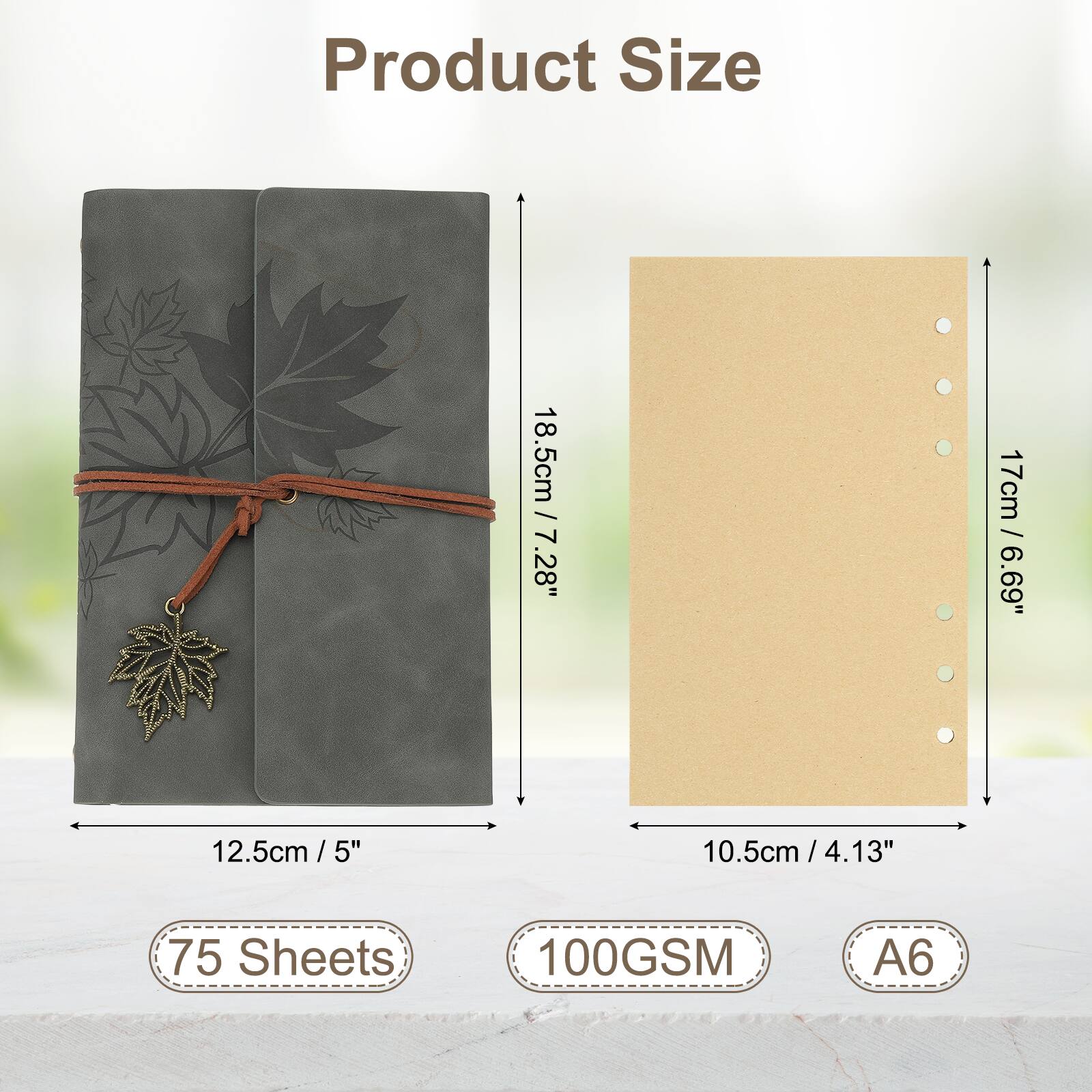 Product Size

18.5cm / 7.28"  
17cm / 6.69"  
12.5cm / 5"  
10.5cm / 4.13"  

75 Sheets  
100GSM  
A6