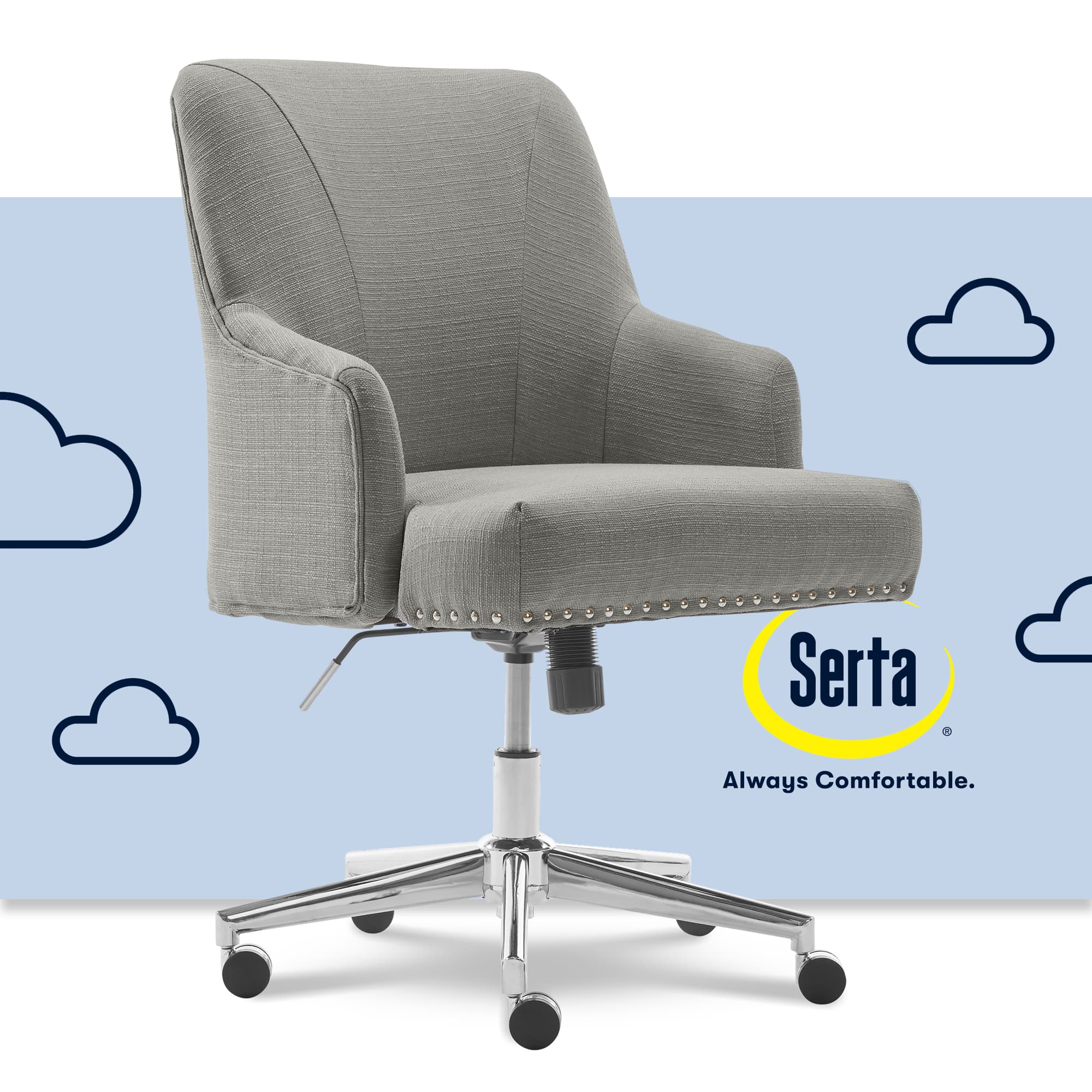 The image features a large Serta chair with a cushioned seat and a metal base. The chair is placed on a wheeled stand, making it easy to move around. The chair is positioned in front of a blue background with clouds, giving it a comfortable and relaxing appearance. The Serta brand is known for its comfortable and supportive furniture, making it an ideal choice for those looking for a cozy and stylish seating option.