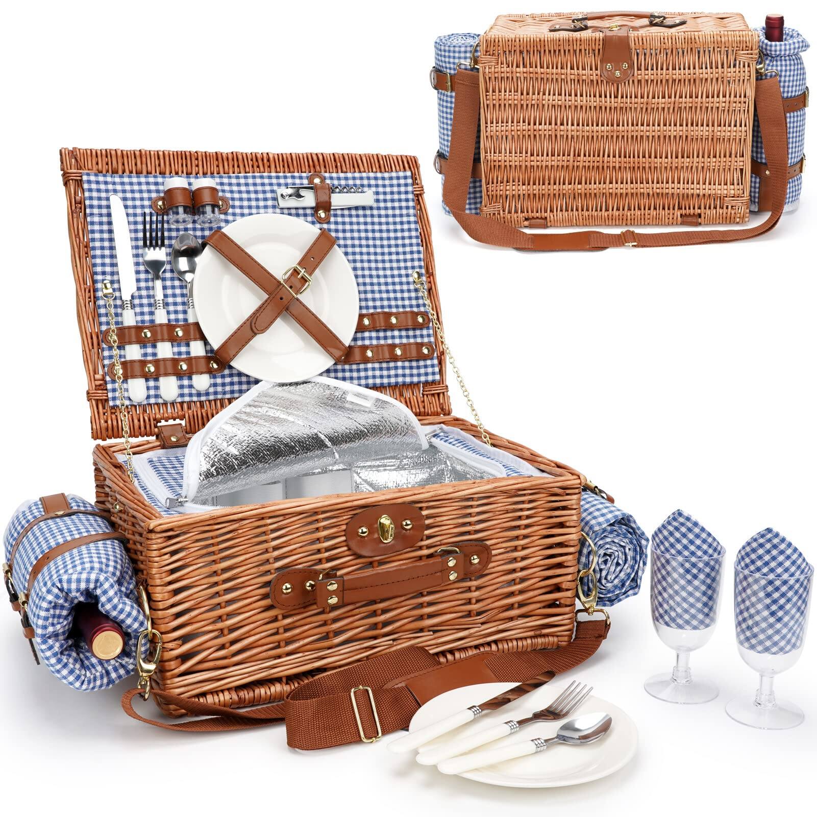 Front. JETRANSPORT - Picnic Basket For 2 Baskets With Waterproof Blanket Hamper Set Washable Beach Mat & Large Insulated Cooler - BlueCheck-2P.