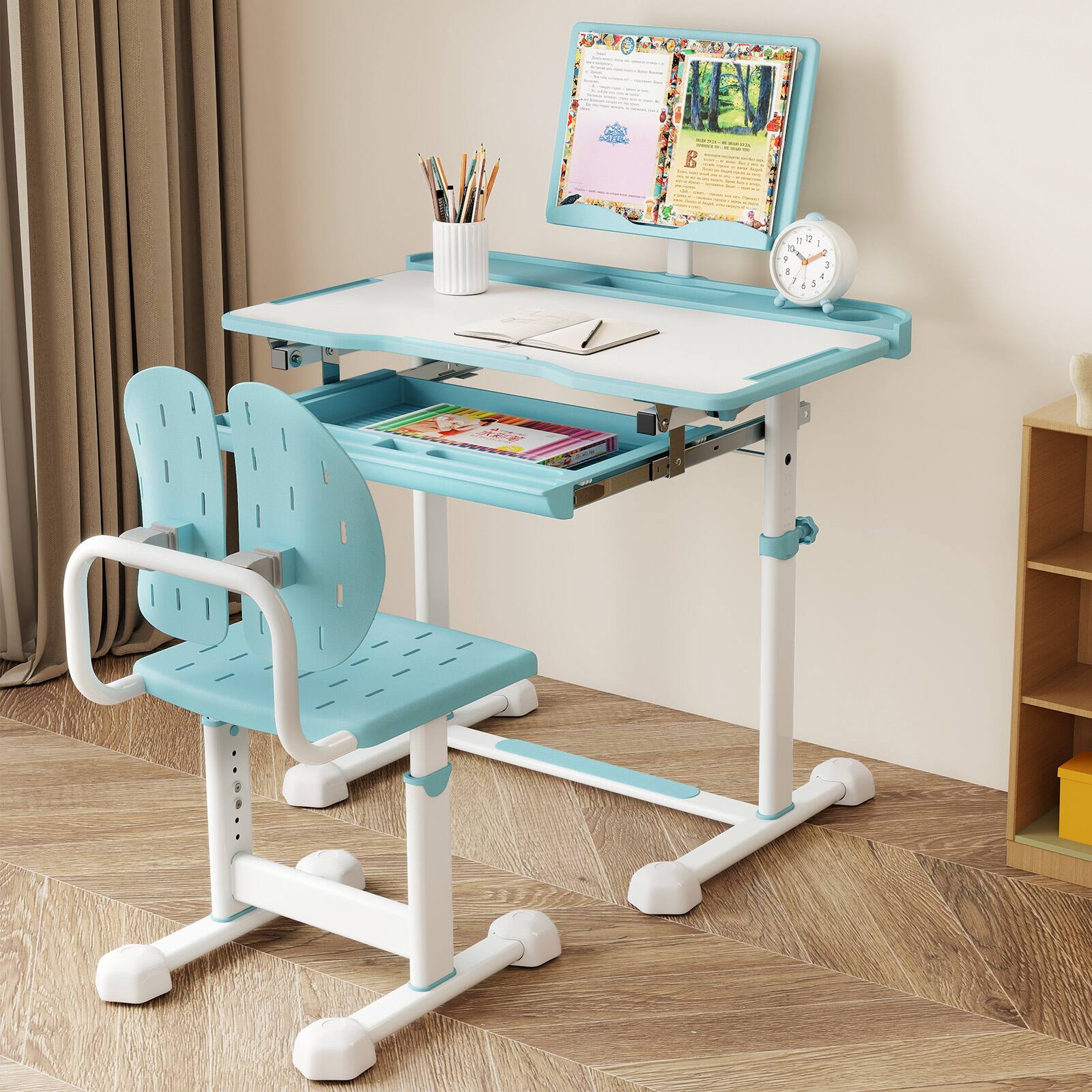 Alt View 3. Gymax - Gymax Kid's Study Desk & Chair Set w/Tilt Desktop Book Stand Footrest Bar for Toddlers Blue - Blue.