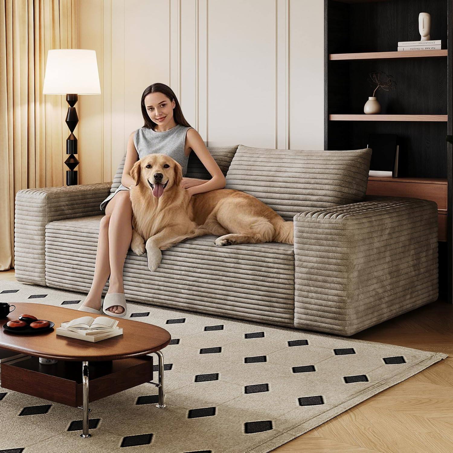 Alt View 5. Trinkets Crazed - 63" 2-Seater LoveSeat Sofa Plush Corduroy Boneless Couch with High Cushion Backrest and Wider Armrest - camel.