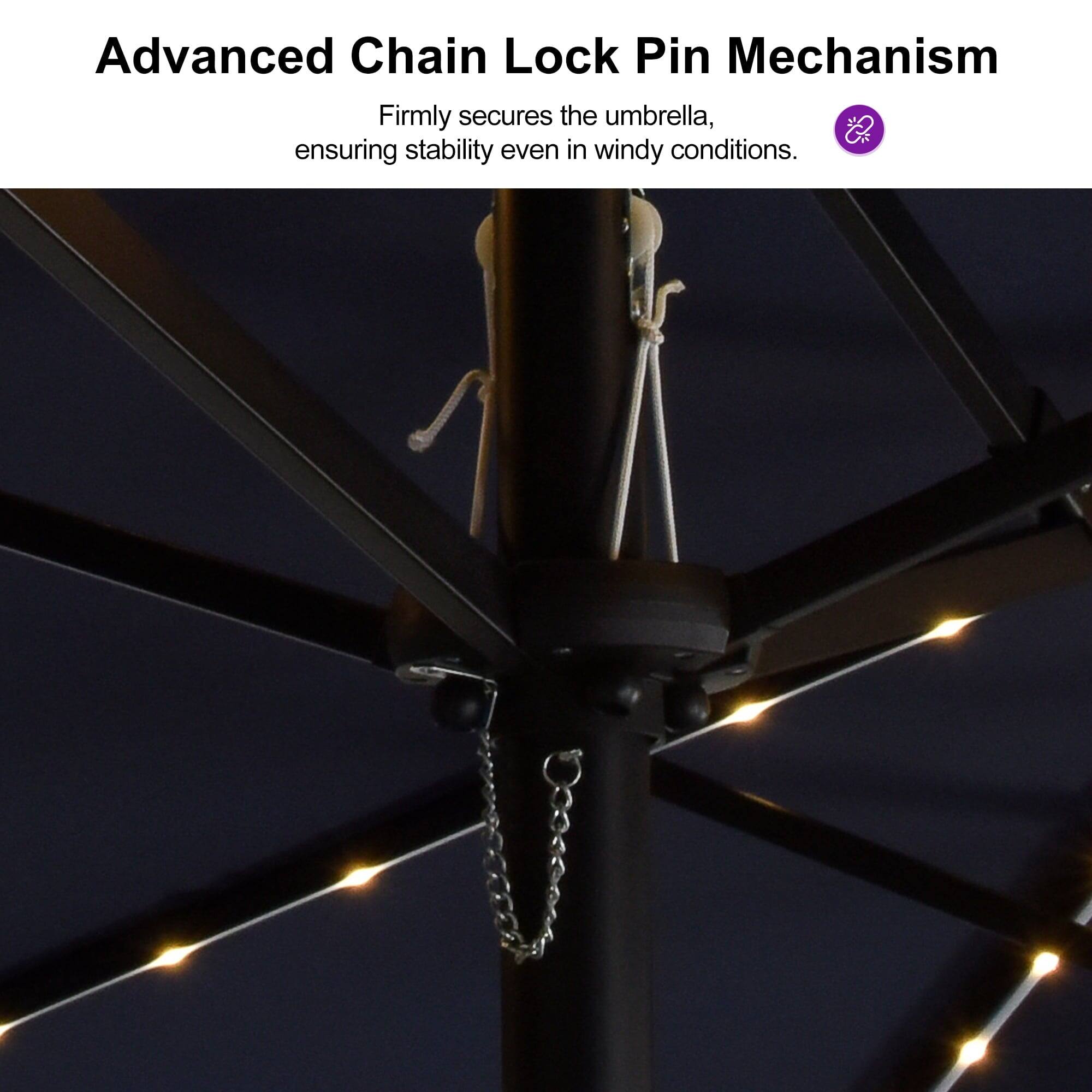 Advanced Chain Lock Pin Mechanism  
Firmly secures the umbrella, ensuring stability even in windy conditions.