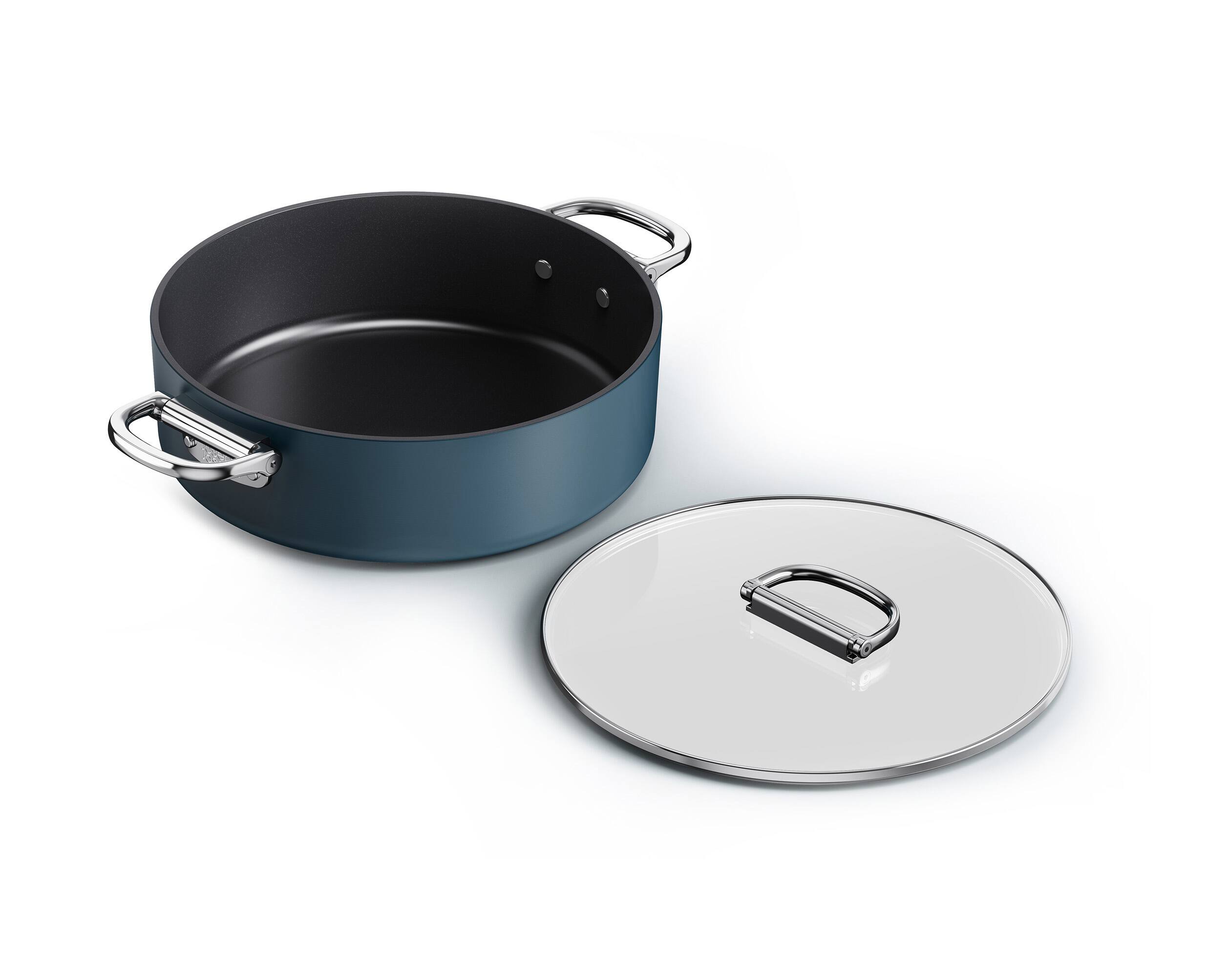 Front. Joseph Joseph - Space Ceramic Non-stick 5 Qt. Shallow Casserole with Folding Handles and Lid - Blue.