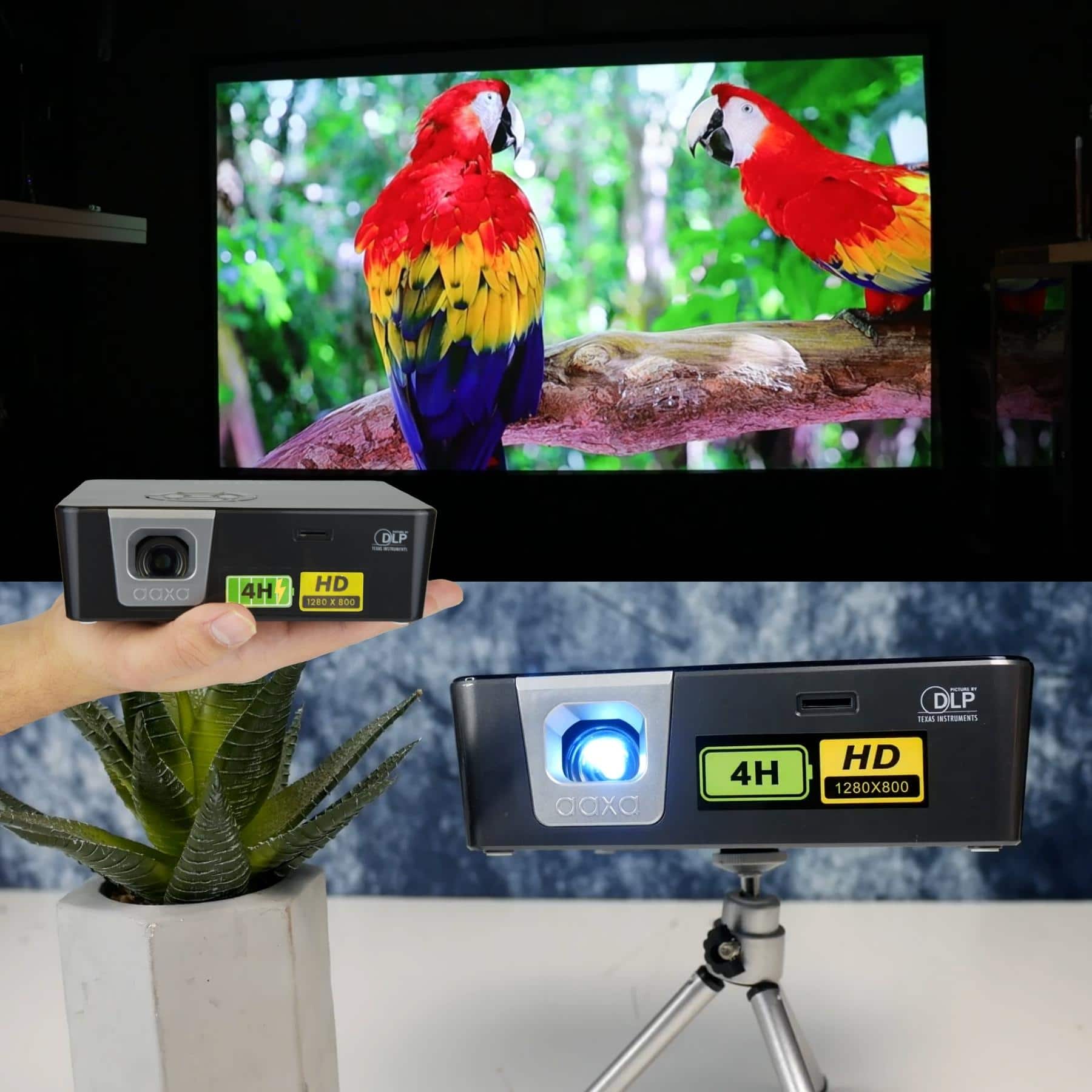 Alt View 10. AAXA - P6X DLP Pico Projector, 4 Hour Battery, USB-C Input, Wireless Mirroring, 1000 Lumens, HDMI/USB/TF Input, 1080p Support - Gray/Black.