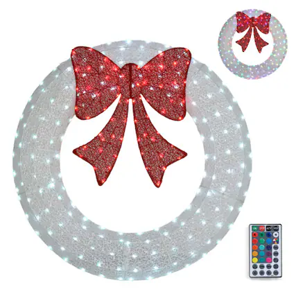 Front. Winado - 48in Large Pre-Lit Christmas Wreath with LED Lights and Bows for Outdoor Holiday Decoration - White/Red.