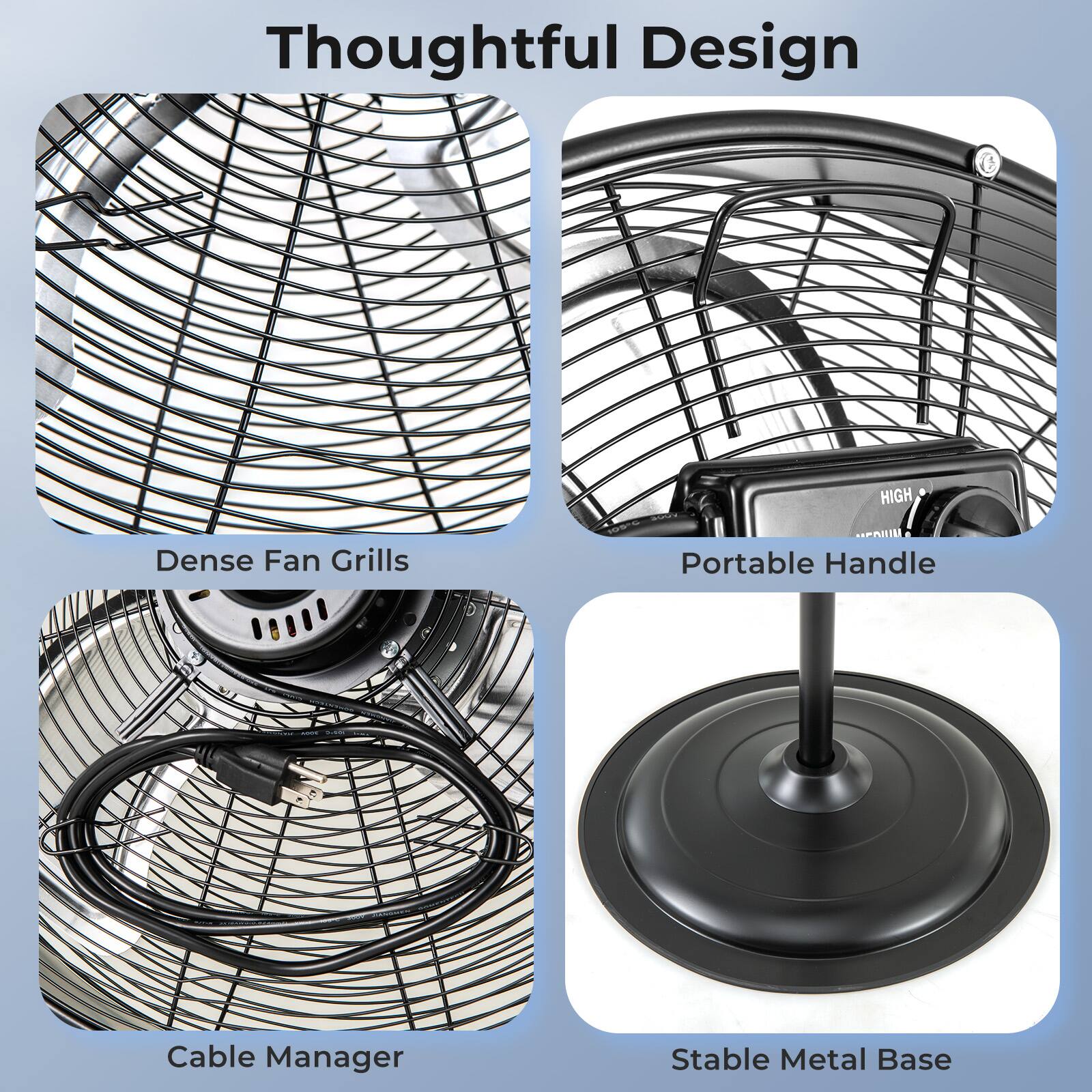 Thoughtful Design

- Dense Fan Grills
- Portable Handle
- Cable Manager
- Stable Metal Base