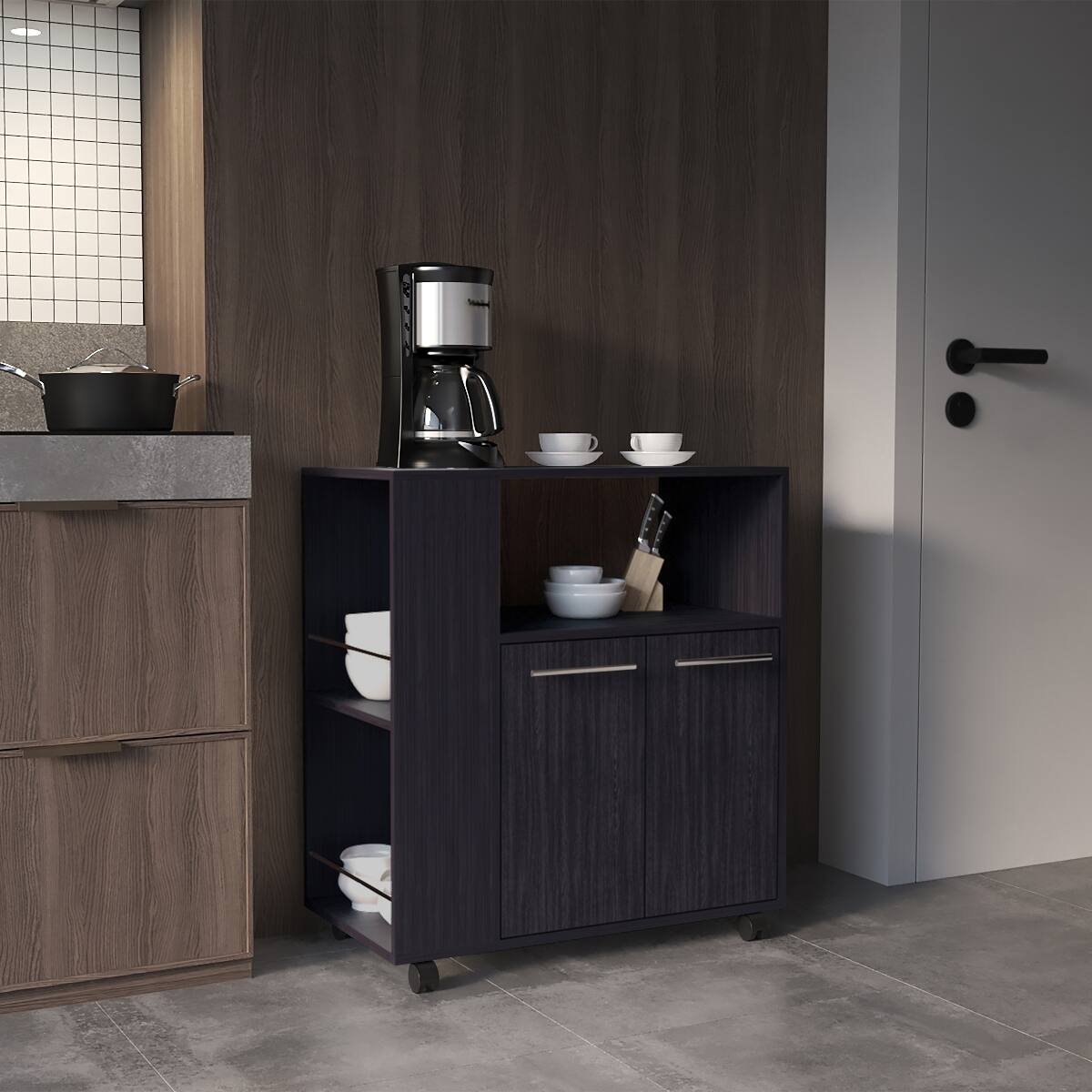 Front. Loheer - Loheer Black Wengue Kitchen Base Cabinet Cart Two-Door Kitchen Island with Side Shelves - Black.