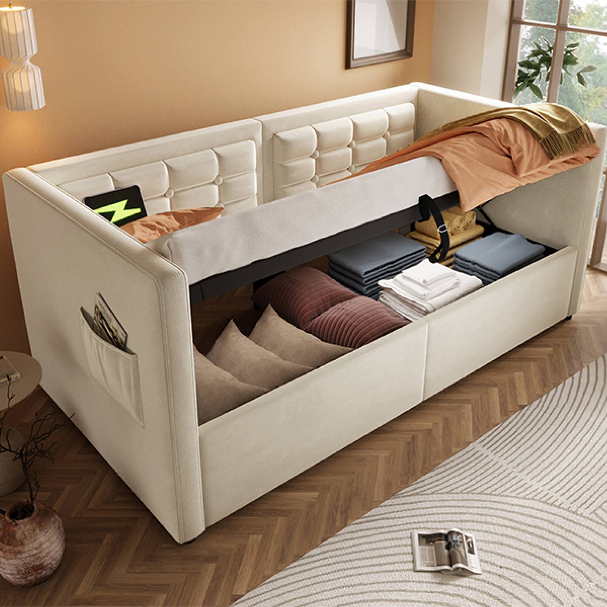 Alt View 4. GOODSILO - Upholstered Twin Size Daybed with Hydraulic Storage and USB Charging, Tufted Sofa Back Design - Beige.