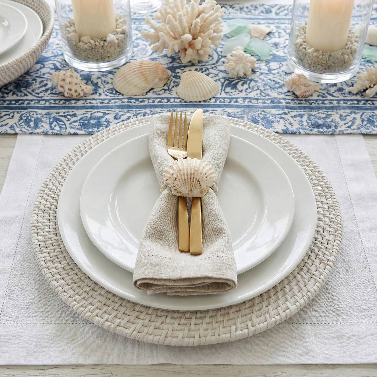 Left. American Atelier - White Rattan Charger Set of 4 Plates - White.