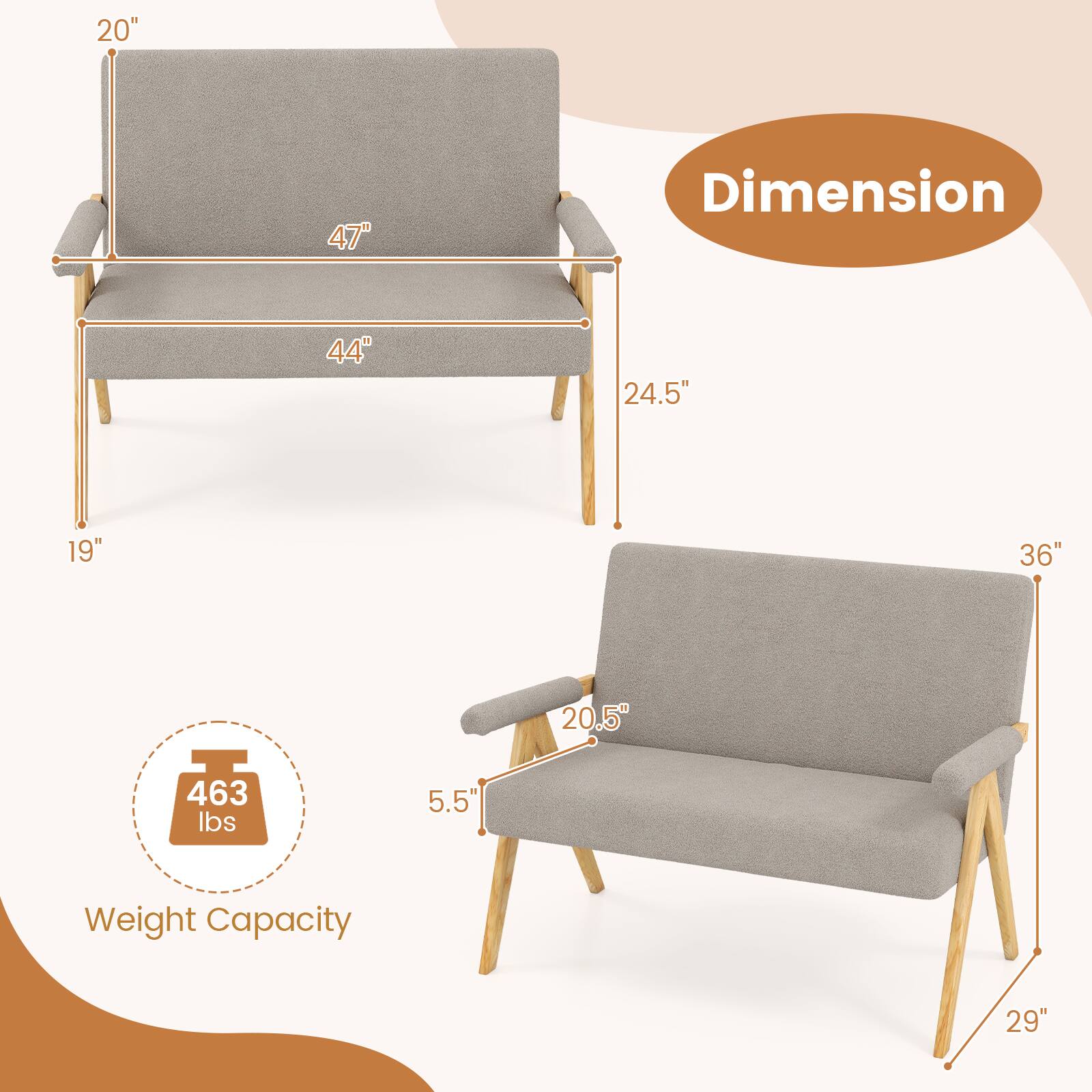- **Dimensions:**
  - 20" (height)
  - 47" (length)
  - 44" (depth)
  - 24.5" (seat height)
  - 19" (seat depth)
  - 36" (armrest height)
  - 20.5" (armrest width)
  - 5.5" (backrest height)
  - 29" (leg height)

- **Weight Capacity:**
  - 463 lbs