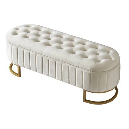 Front. HTUTWOO - Velvet Storage Ottoman Bench for Bedroom Room - Button-Tufted Upholstered Bench with Metal Legs, Assembled Except Legs - Beige.