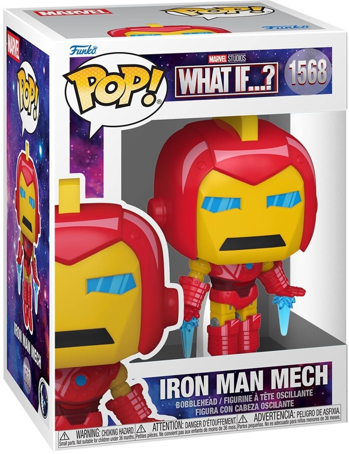 Sure, here is the corrected and grouped text from the image:

---

**Funko POP!**

**MARVEL STUDIOS WHAT IF...?**

**1568**

**IRON MAN MECH**

**BOBBLEHEAD / FIGURINE À TÊTE OSCILLANTE / FIGURA CON CABEZA OSCILANTE**

**WARNING: CHOKING HAZARD. Small parts. Not suitable for children under 36 months.**

**ATTENTION: DANGER D'ÉTOUFFEMENT. Petites pièces. Ne convient pas aux enfants de moins de 36 mois.**

**ADVERTENCIA: PELIGRO DE ASFIXIA. Partes pequeñas. No es adecuado para niños menores de 36 meses.**

---

This text is from the packaging of the Funko POP! Iron Man Mech figure from the "What If...?" series.