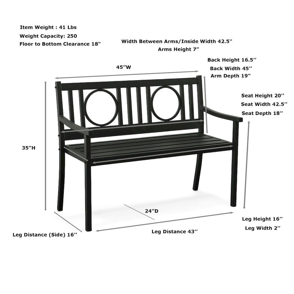 Item Weight: 41 Lbs  
Weight Capacity: 250  
Floor to Bottom Clearance: 18"  
Width Between Arms/Inside Width: 42.5"  
Arms Height: 7"  
Back Height: 16.5"  
Back Width: 45"  
Arm Depth: 19"  
Seat Height: 20"  
Seat Width: 42.5"  
Seat Depth: 18"  
Leg Distance (Side): 16"  
Leg Distance: 43"  
Leg Height: 16"  
Leg Width: 2"