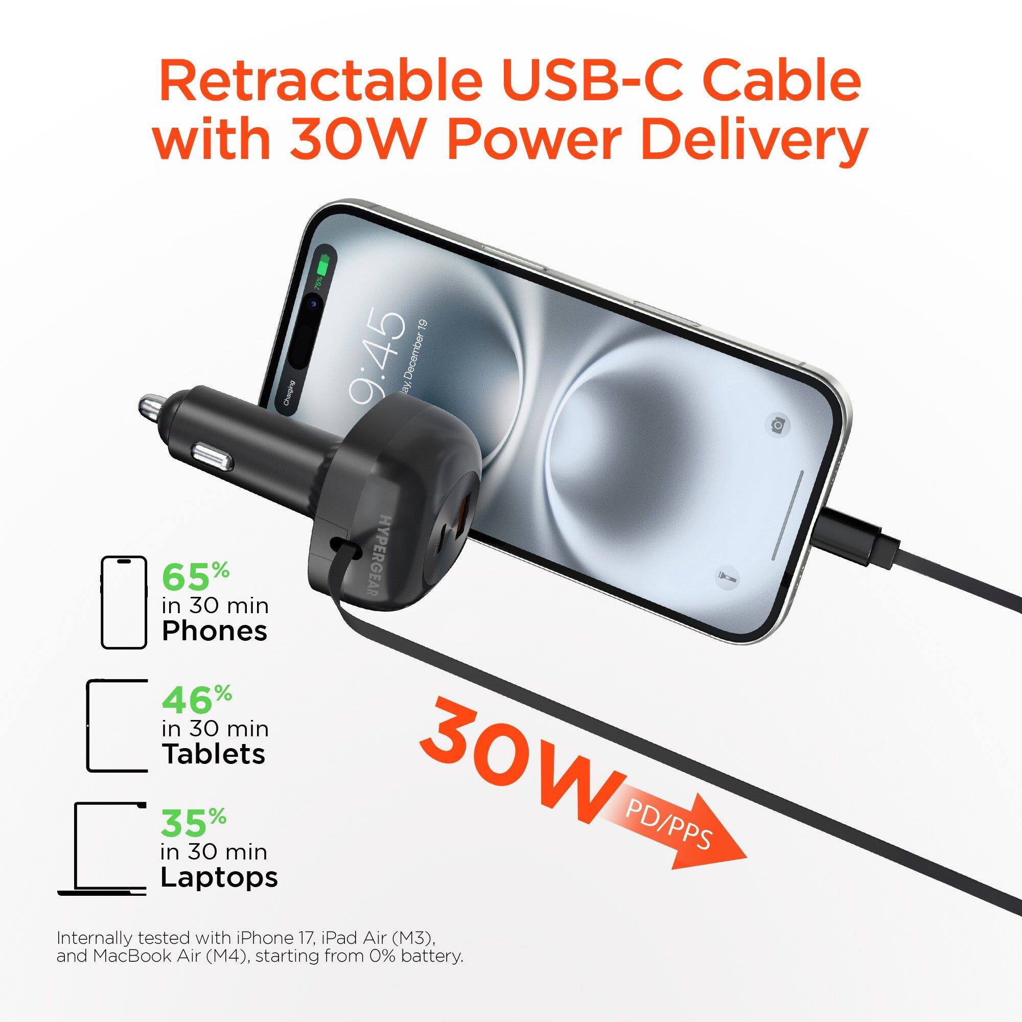Retractable USB-C Cable with 30W Power Delivery

65% in 30 min Phones  
46% in 30 min Tablets  
35% in 30 min Laptops  

HYPERGEAR 30W PD/PPS  
Internally tested with iPhone 17, iPad Air (M3), and MacBook Air (M4), starting from 0% battery.
