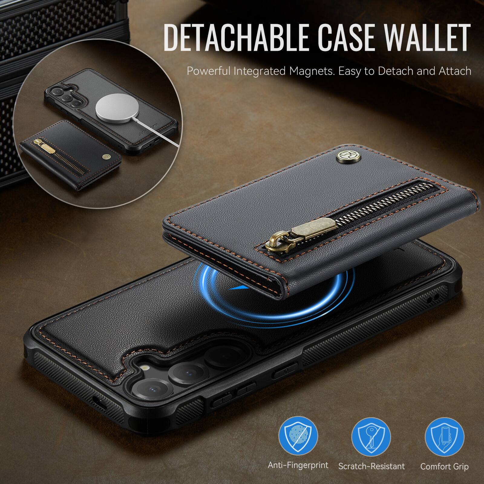 DETACHABLE CASE WALLET  
Powerful Integrated Magnets. Easy to Detach and Attach  

Anti-Fingerprint  
Scratch-Resistant  
Comfort Grip