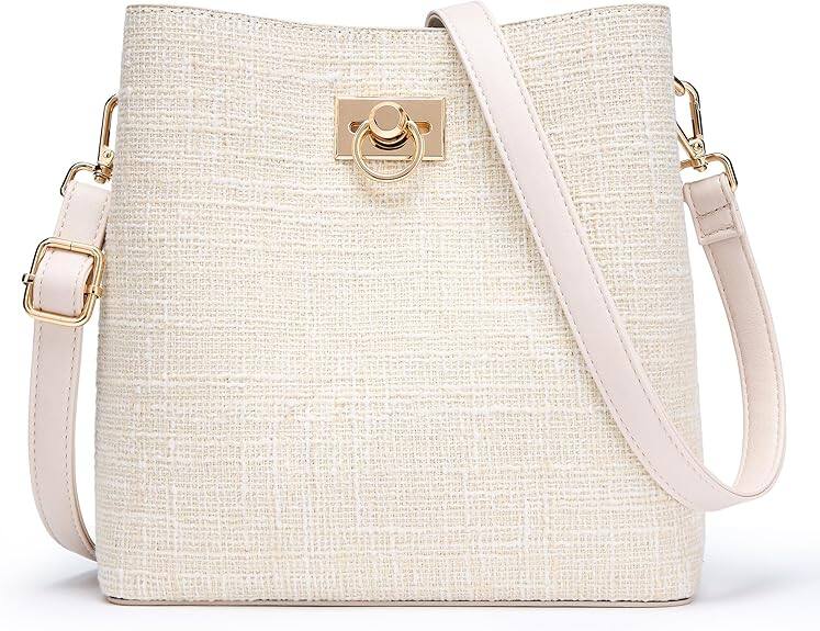 Front. Vulpecula Spade - Crossbody Purses for Women Vegan Leather Bucket Bag Fashion Ladies Crossbody Handbag Shoulder Purse with Multi Pockets - Beige.