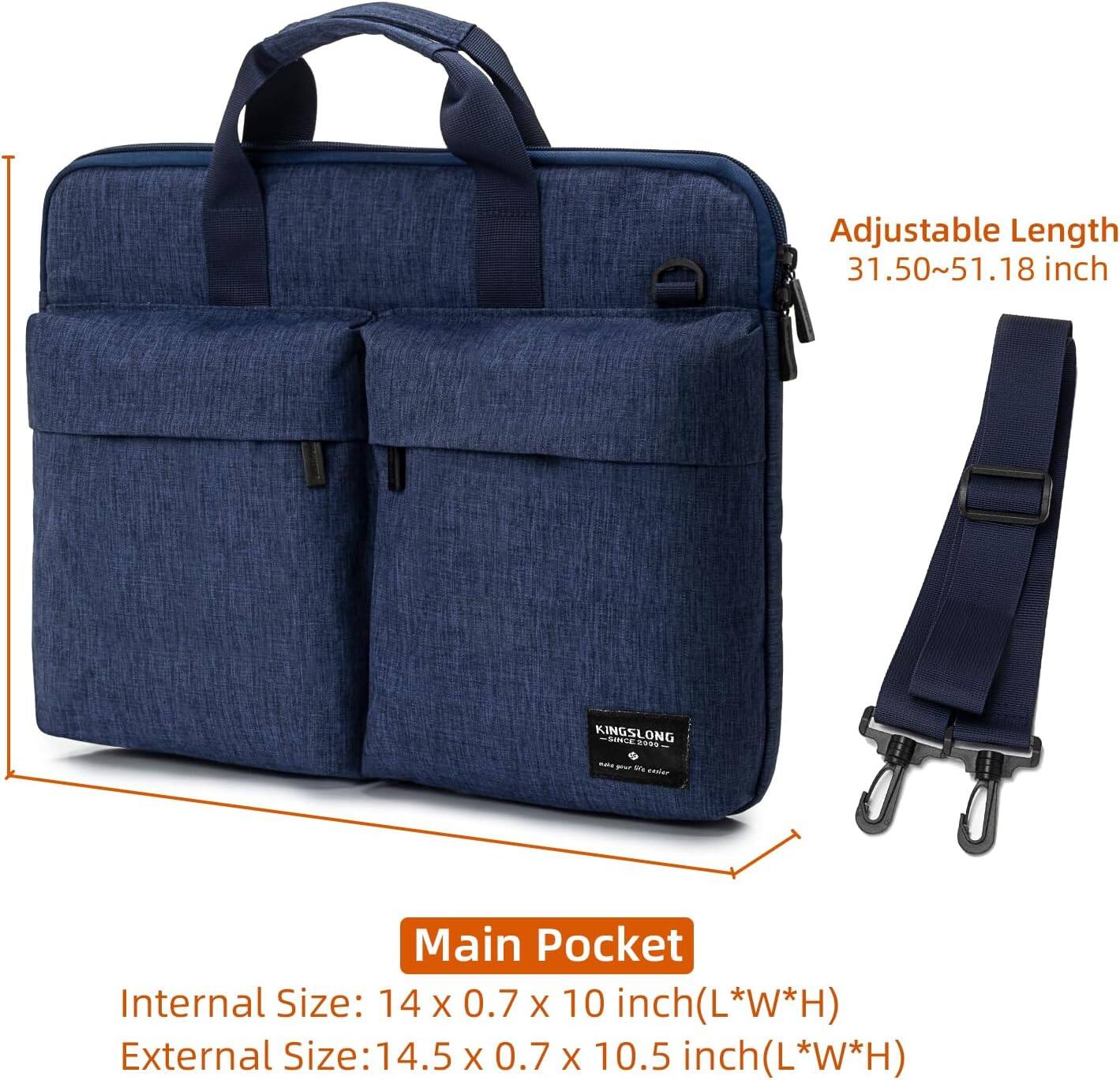 Adjustable Length: 31.50~51.18 inch

Main Pocket
Internal Size: 14 x 0.7 x 10 inch (L*W*H)
External Size: 14.5 x 0.7 x 10.5 inch (L*W*H)