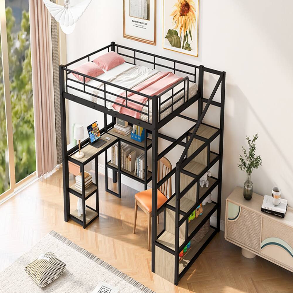 Alt View 2. Loheer - Loheer Full Size Metal Loft Bed with Desk, Staircase and Shelves, Black - Black.