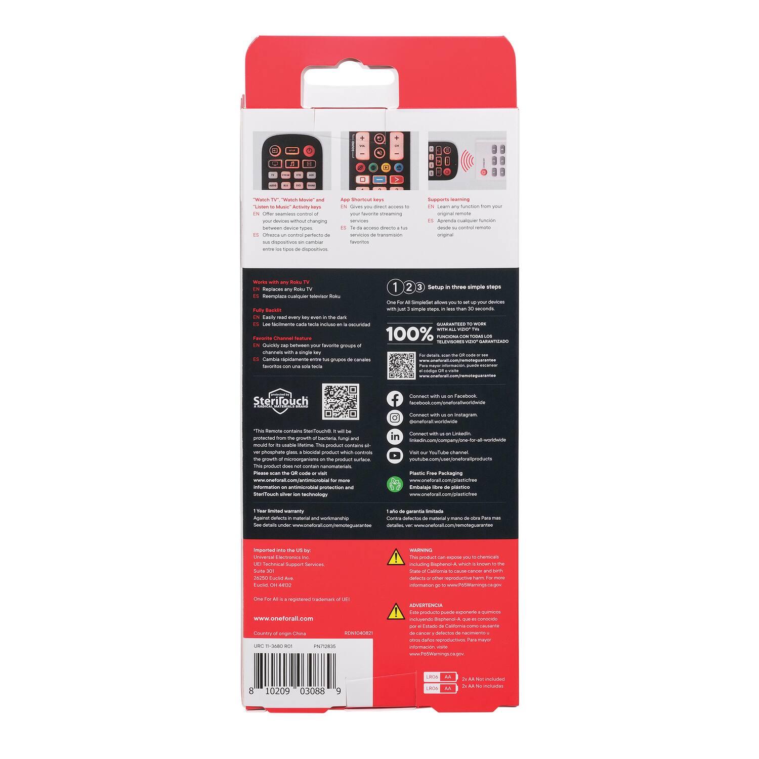 Sure, here is the corrected and grouped text from the image:

---

**SteriTouch**

The Remote contains SteriTouch™ which will be molded for a usable lifetime. This product contains all the necessary components to function as a remote control. The product does not contain any hazardous materials. For more information, visit www.oneforall.com or contact our customer service.

**Works with any Roku TV**

- Replace any Roku TV remote
- Replaces any Roku TV remote
- Replaces any Roku TV remote
- Replaces any Roku TV remote
- Replaces any Roku TV remote
- Replaces any Roku TV remote
- Replaces any Roku TV remote
- Replaces any Roku TV remote
- Replaces any Roku TV remote
- Replaces any Roku TV remote
- Replaces any Roku TV remote
- Replaces any Roku TV remote
- Replaces any Roku TV remote
- Replaces any Roku TV remote
- Replaces any Roku TV remote
- Replaces any Roku TV remote
- Replaces any Roku TV remote
- Replaces any Roku TV remote
- Replaces any Roku TV remote
- Replaces any Roku TV remote
- Replaces any Roku TV remote
- Replaces any Roku TV remote
-