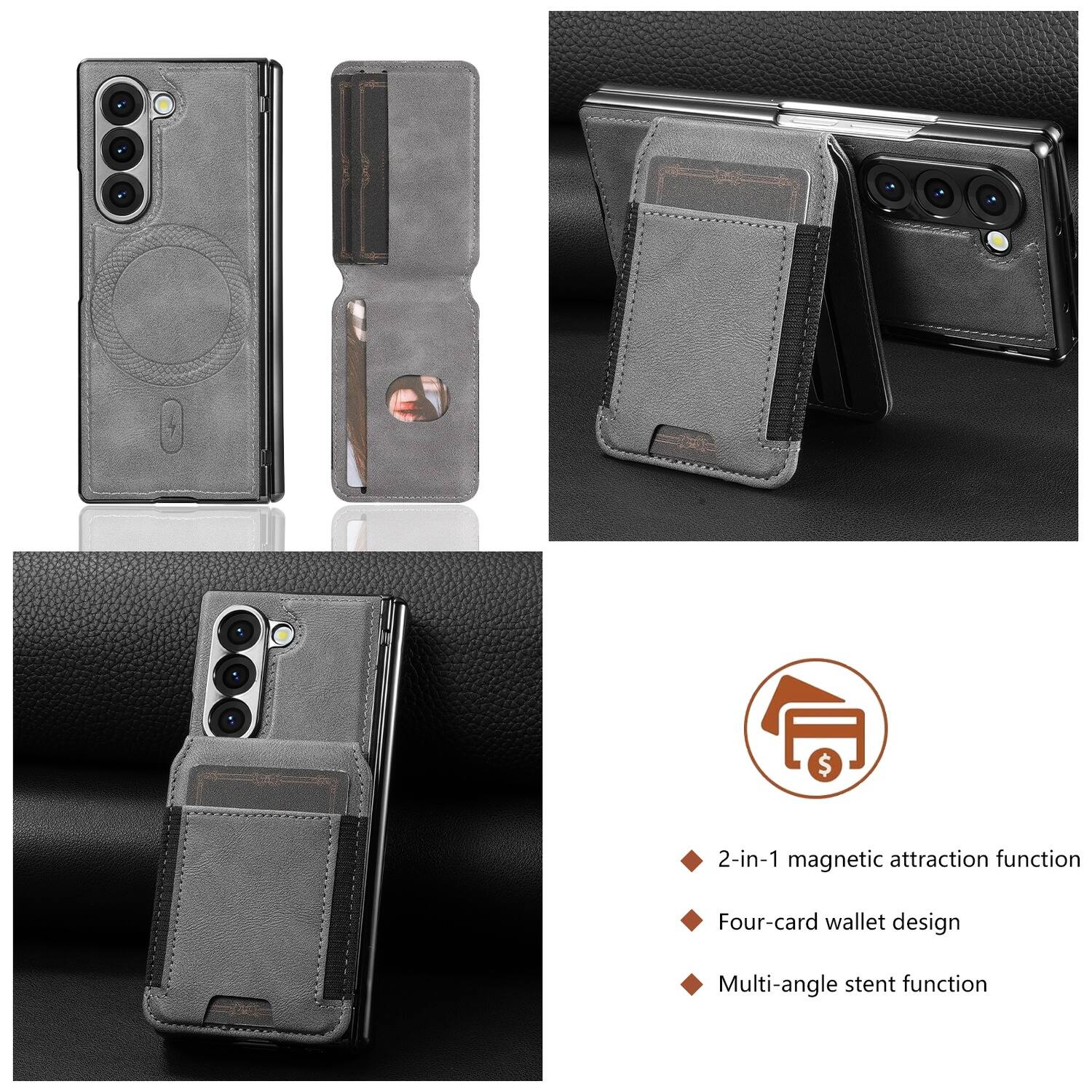 - 2-in-1 magnetic attraction function
- Four-card wallet design
- Multi-angle stent function