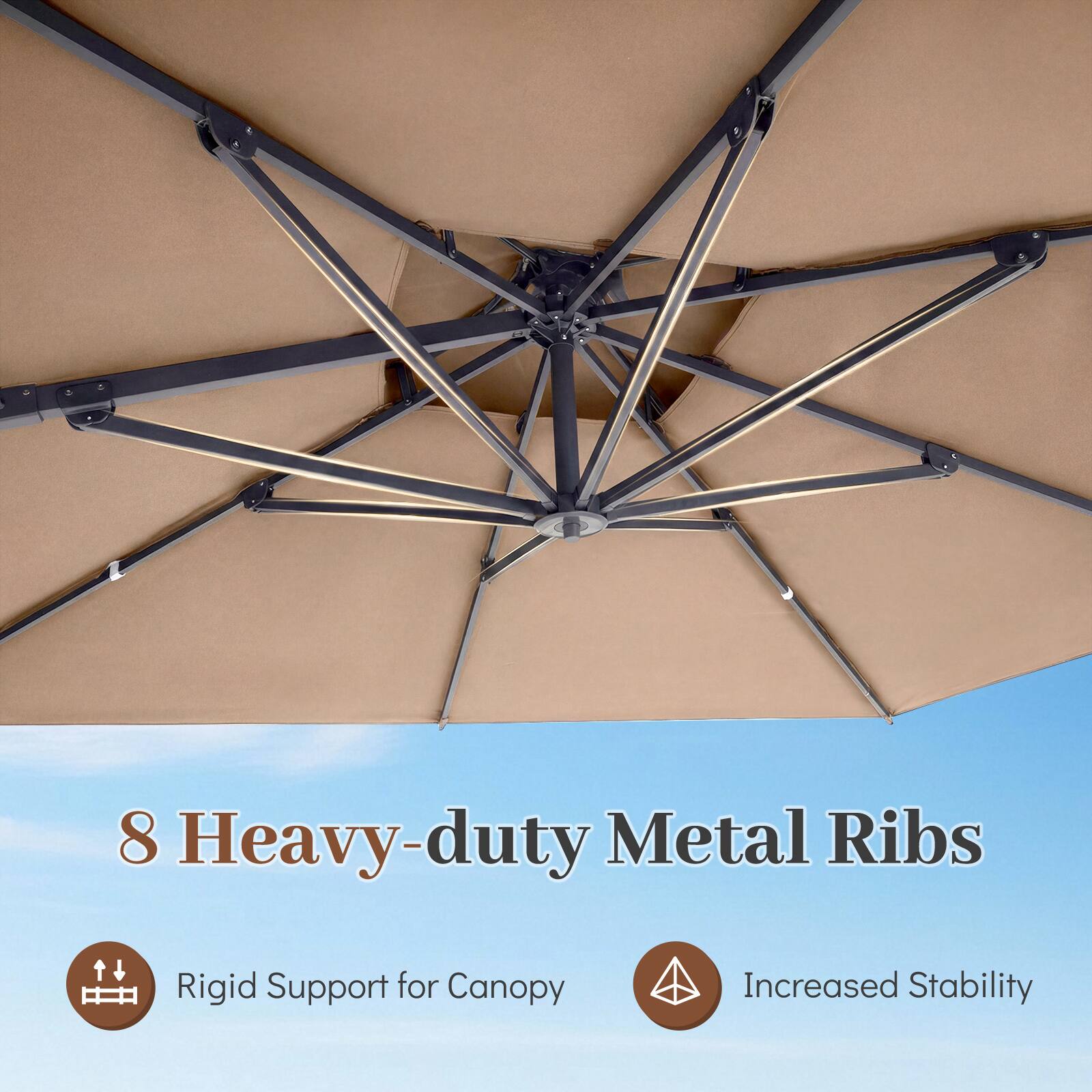 8 Heavy-duty Metal Ribs  
Rigid Support for Canopy  
Increased Stability