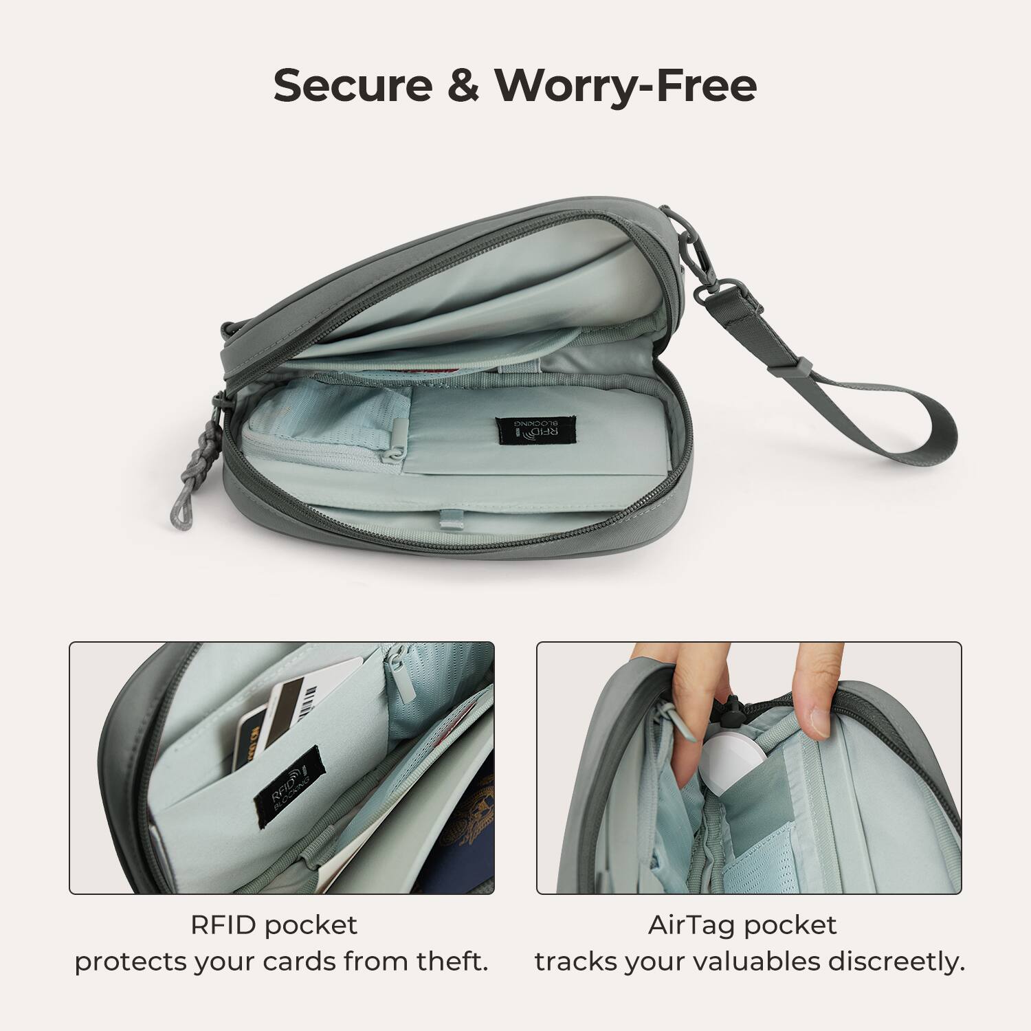 Secure & Worry-Free

RFID pocket protects your cards from theft.
AirTag pocket tracks your valuables discreetly.