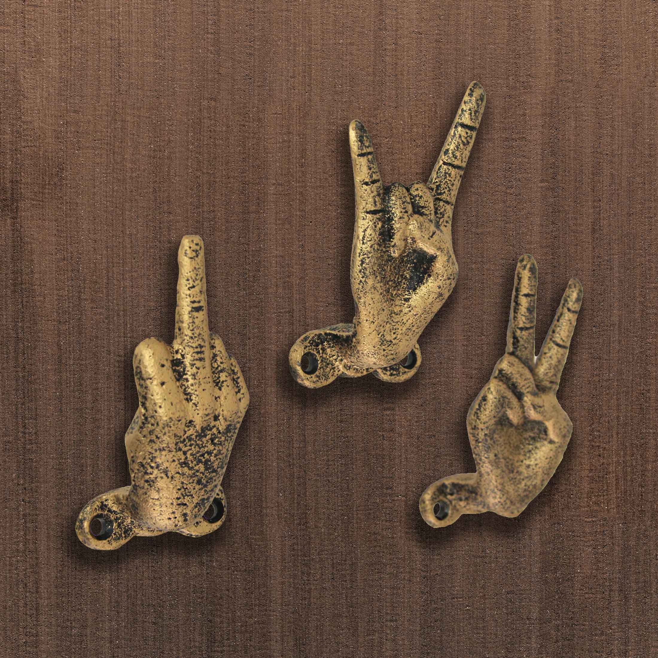 Alt View 3. Zeckos - Set of 3 Gold Cast Iron Hand Gesture Decorative Wall Hooks Key Towel Hanger - Gold.