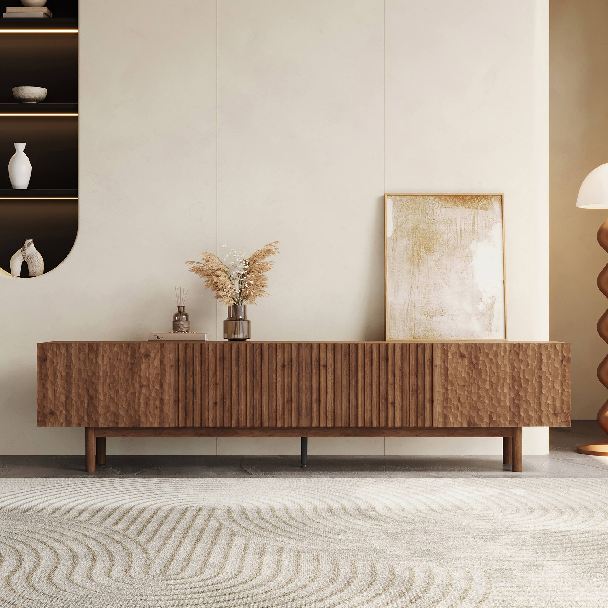 Left. luck idea - 86.61" TV Stand and Media Console, Modern Entertainment Center with Ample Storage - Walnut Color.