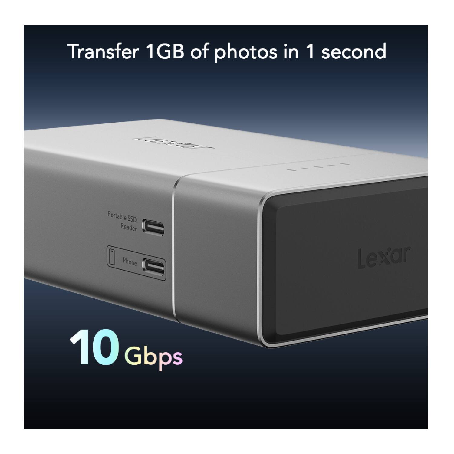 Transfer 1GB of photos in 1 second

Portable SSD Reader

Phone

10 Gbps